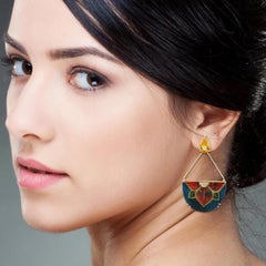 Hand Painted MOP 18k Yellow Gold Dangle Earring With Citrine & Diamonds