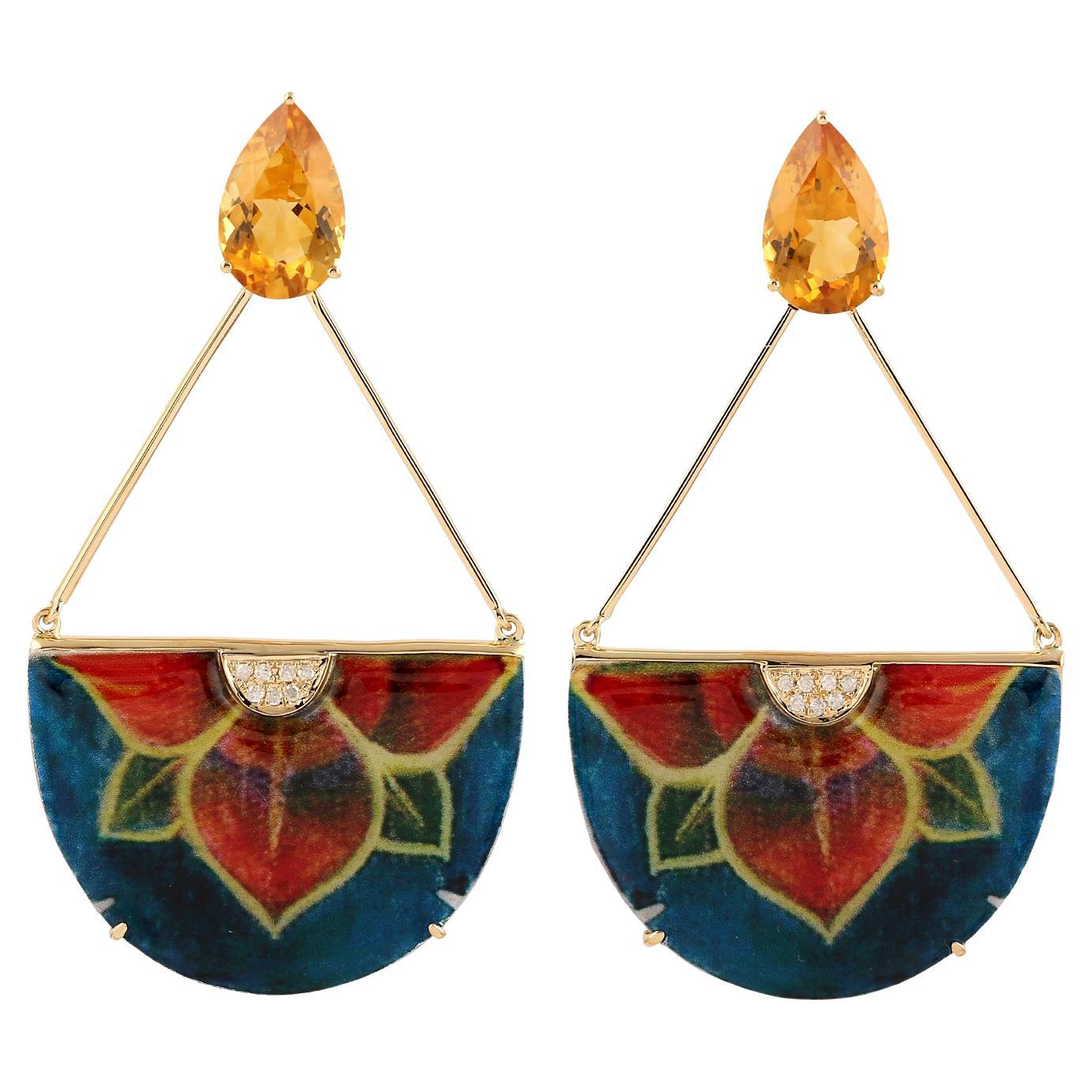 Orecchino penzolante in oro giallo 18k dipinto a mano MOP con citrino e diamanti