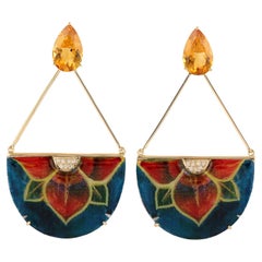 Orecchino penzolante in oro giallo 18k dipinto a mano MOP con citrino e diamanti