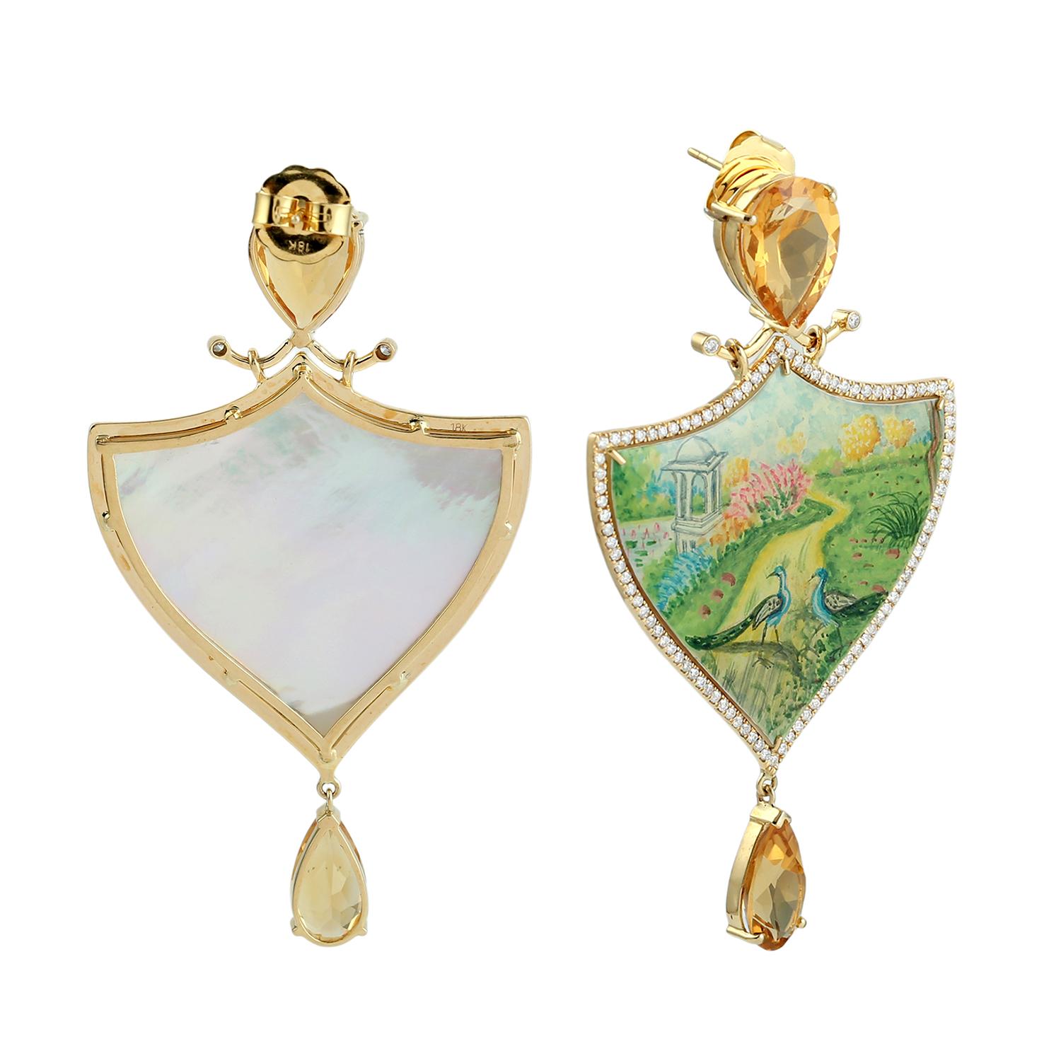 Handgemalte Mop-Baumel-Ohrringe mit Citrin & Pave-Diamanten in 18k Gelbgold (Kunsthandwerker*in) im Angebot