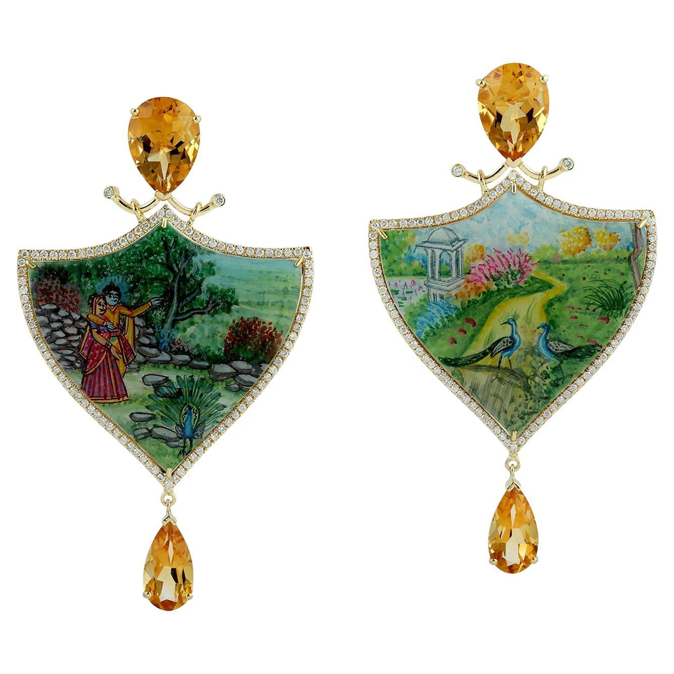 Orecchini a pendente con Citrino e Pave di Diamanti in oro giallo 18k dipinti a mano