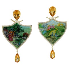 Hand Painted Mop Dangle Earrings With Citrine & Pave Diamonds In 18k Yellow Gold
