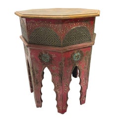 Hand Painted Moroccan Hexagon Wooden Boho Side Table w/ Brass Inlays