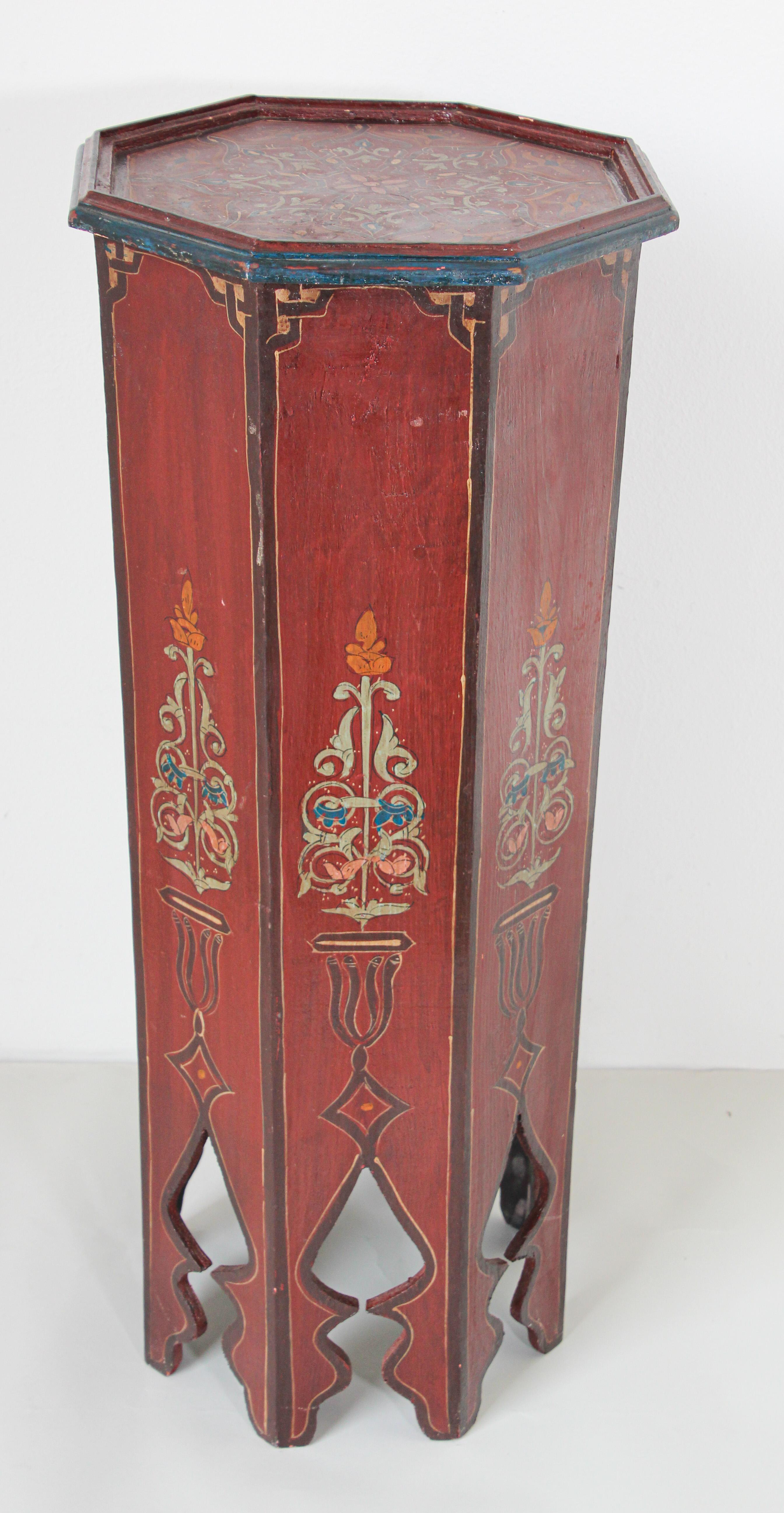 Folk Art Moroccan Pedestal Table, Moorish Hand Painted Design Octagonal Shape Table 1960s For Sale