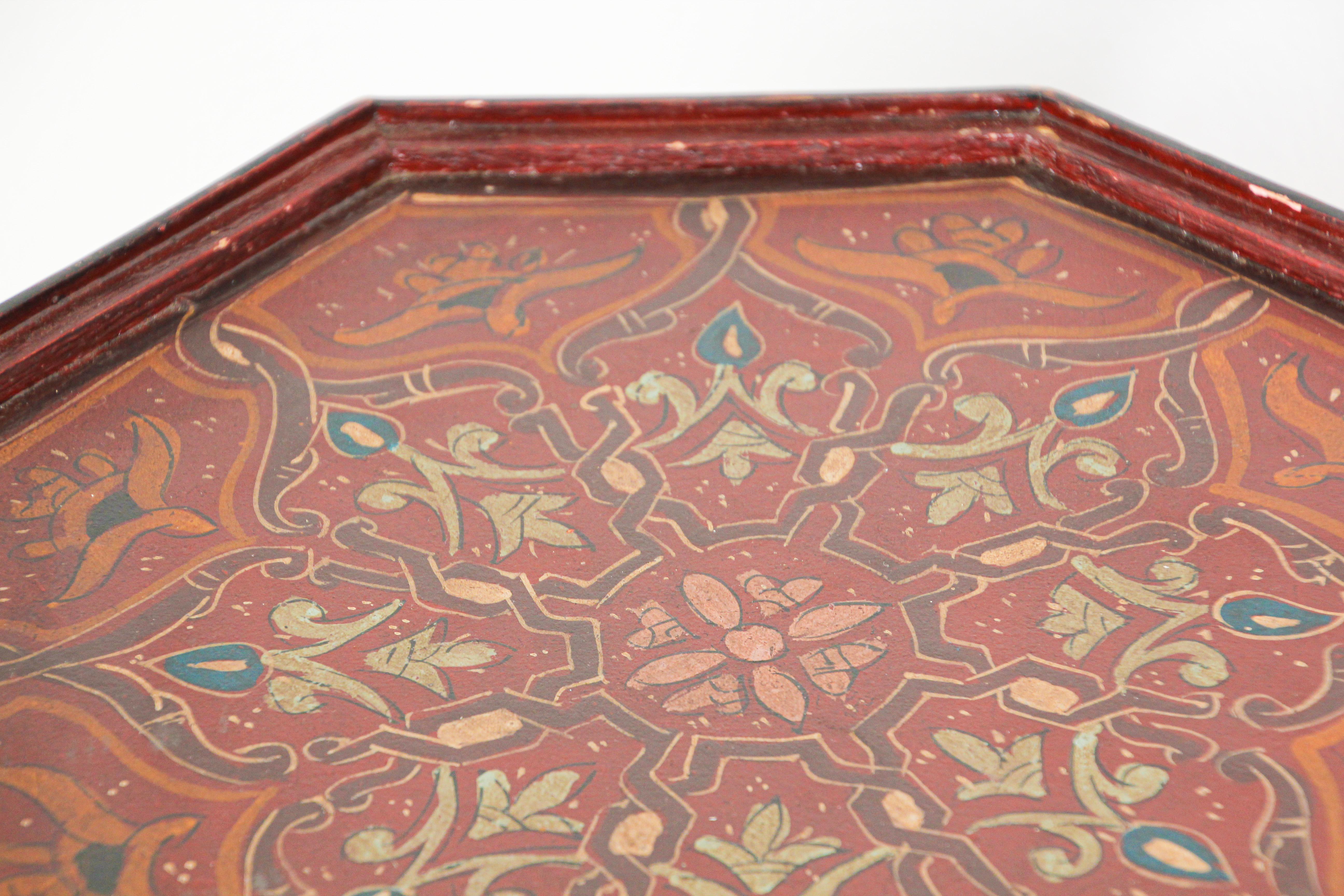 Wood Moroccan Pedestal Table, Moorish Hand Painted Design Octagonal Shape Table 1960s For Sale