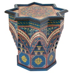 Moroccan Side Table Hand Painted Wood in Moorish Style 1960s