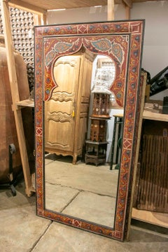 Hand-Painted Moroccan Wall Mirror, Carved Wood, Arched Design, 1970