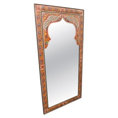 Hand-Painted Moroccan Wall Mirror, Carved Wood, Arched Design, 1970