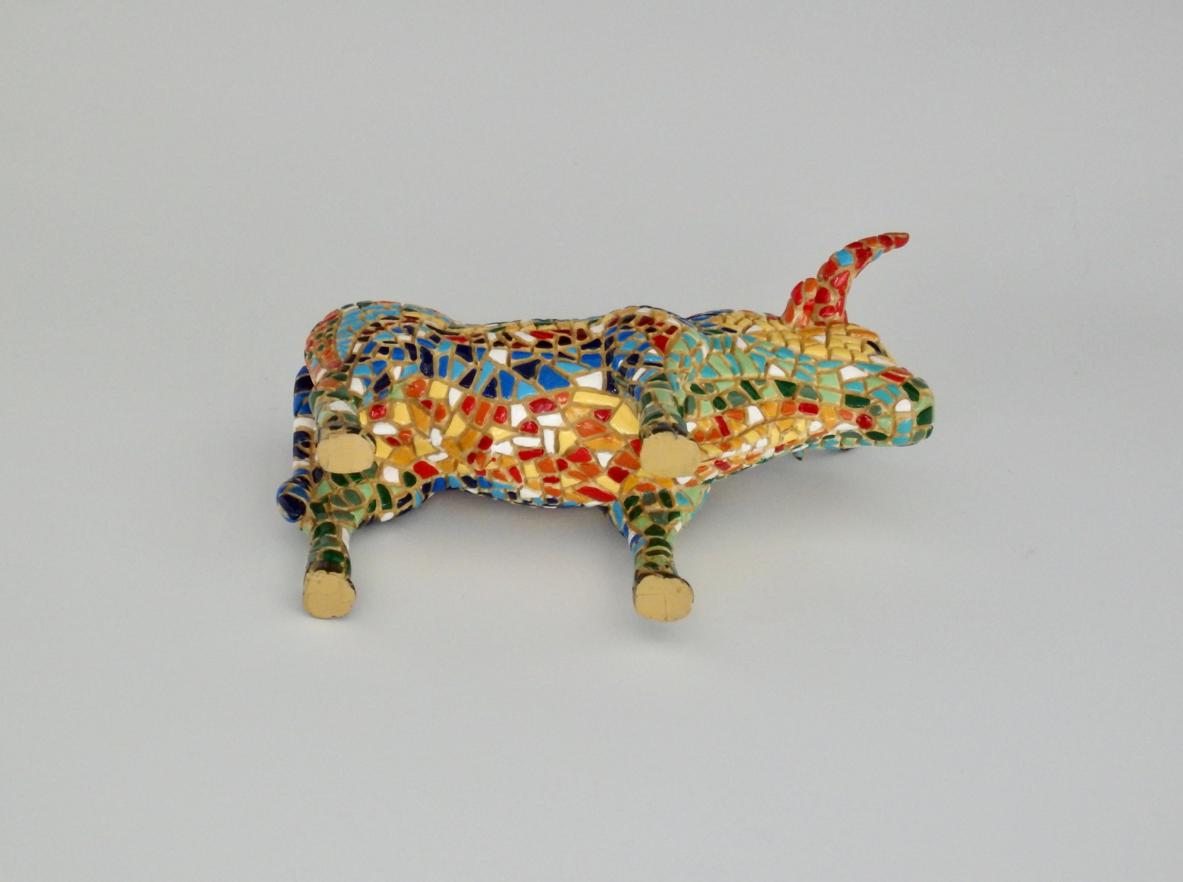 Contemporary Hand Painted Mosaic Ceramic Bull Figurine