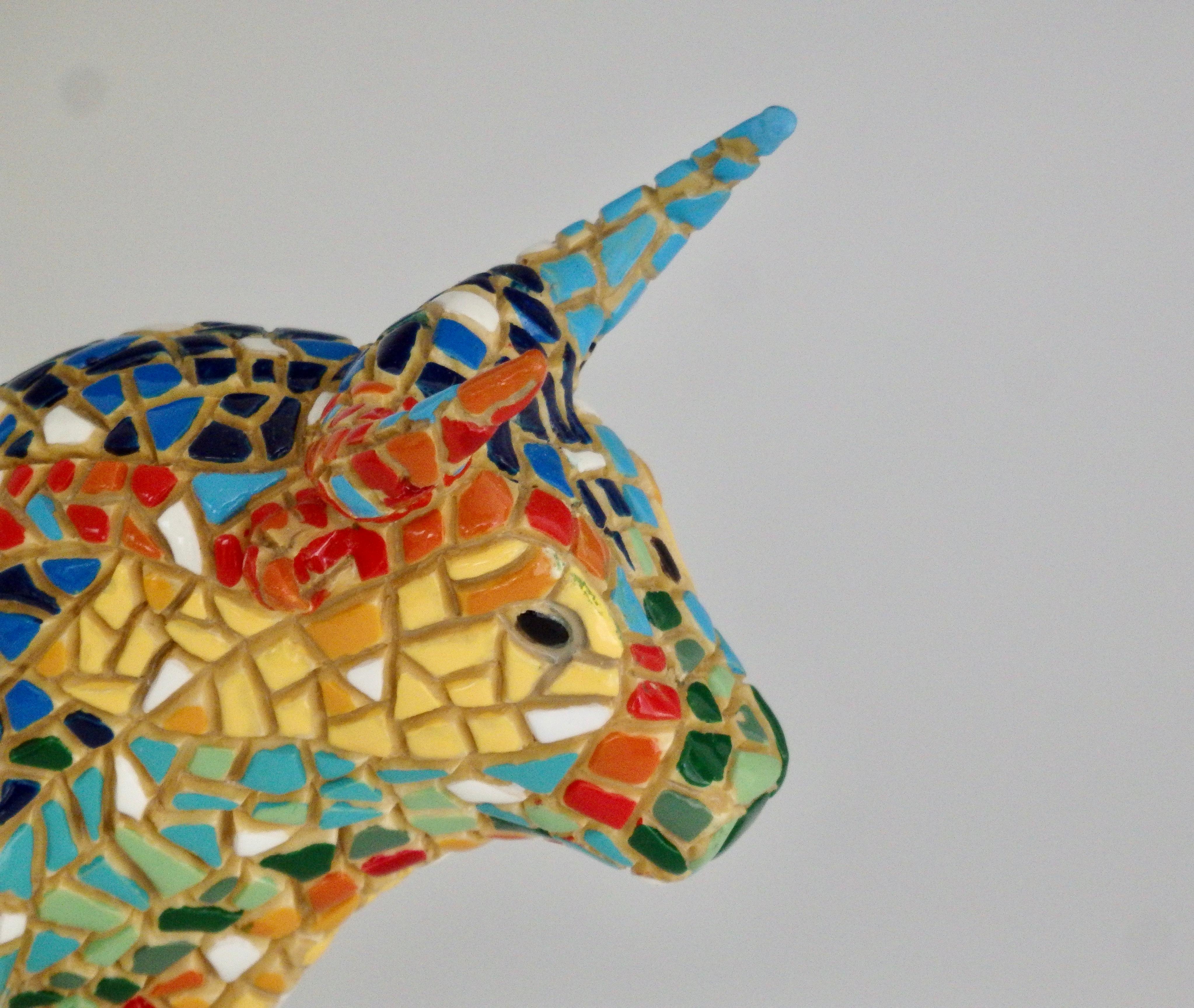 Hand Painted Mosaic Ceramic Bull Figurine In Good Condition In Ferndale, MI