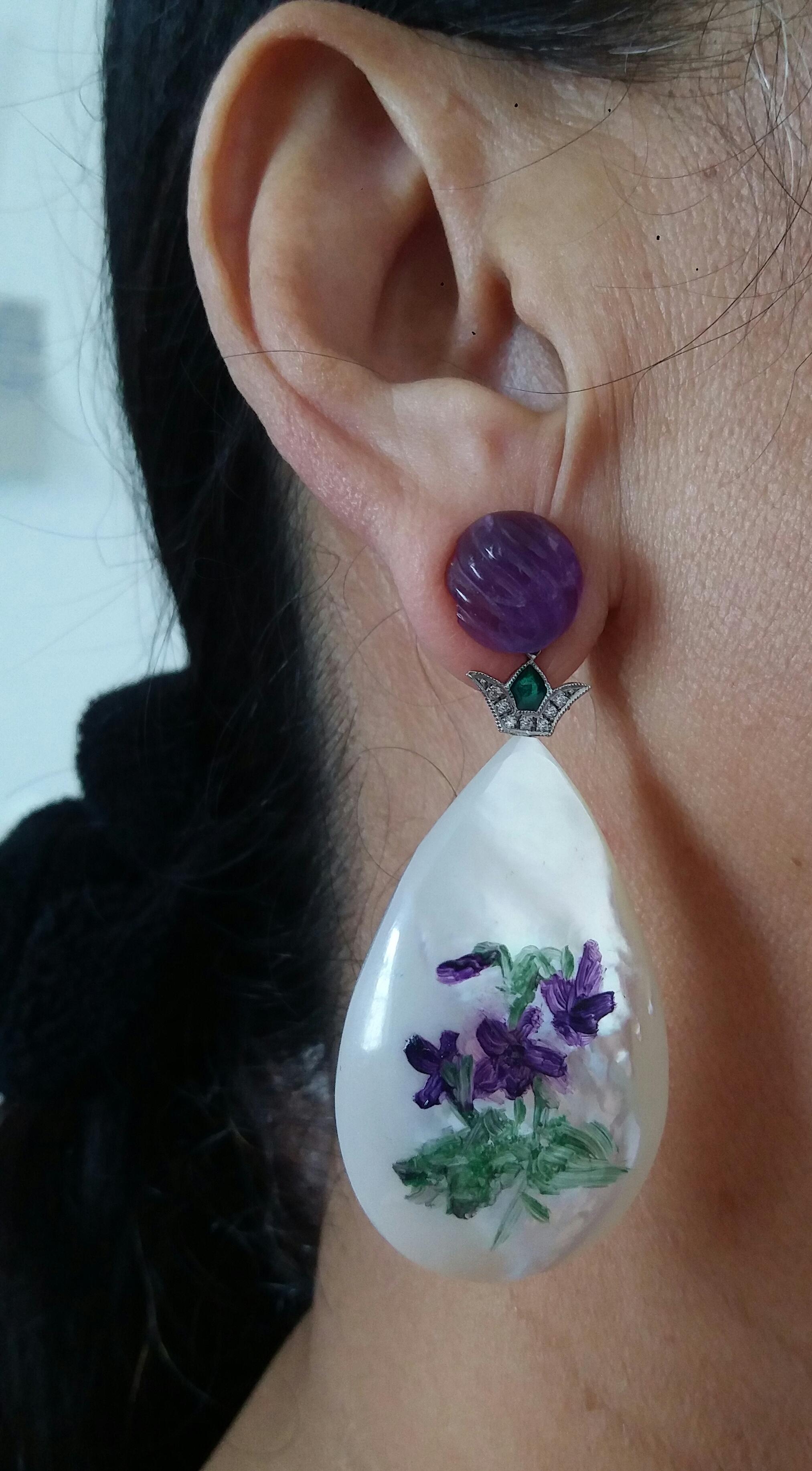 Hand Painted Mother of Pearl White Gold Diamond Enamel Carved Amethyst Earrings For Sale 4