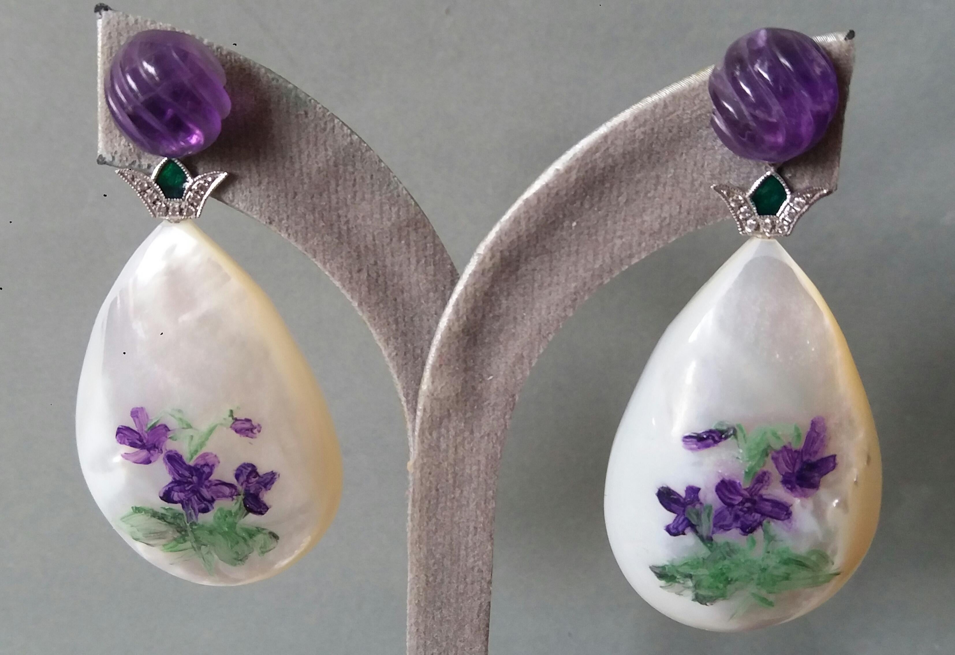 Hand Painted Mother of Pearl White Gold Diamond Enamel Carved Amethyst Earrings For Sale 5