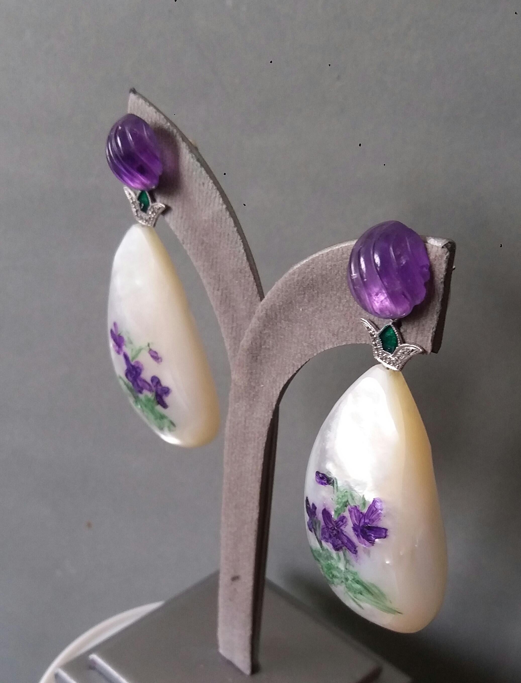 Hand Painted Mother of Pearl White Gold Diamond Enamel Carved Amethyst Earrings For Sale 6