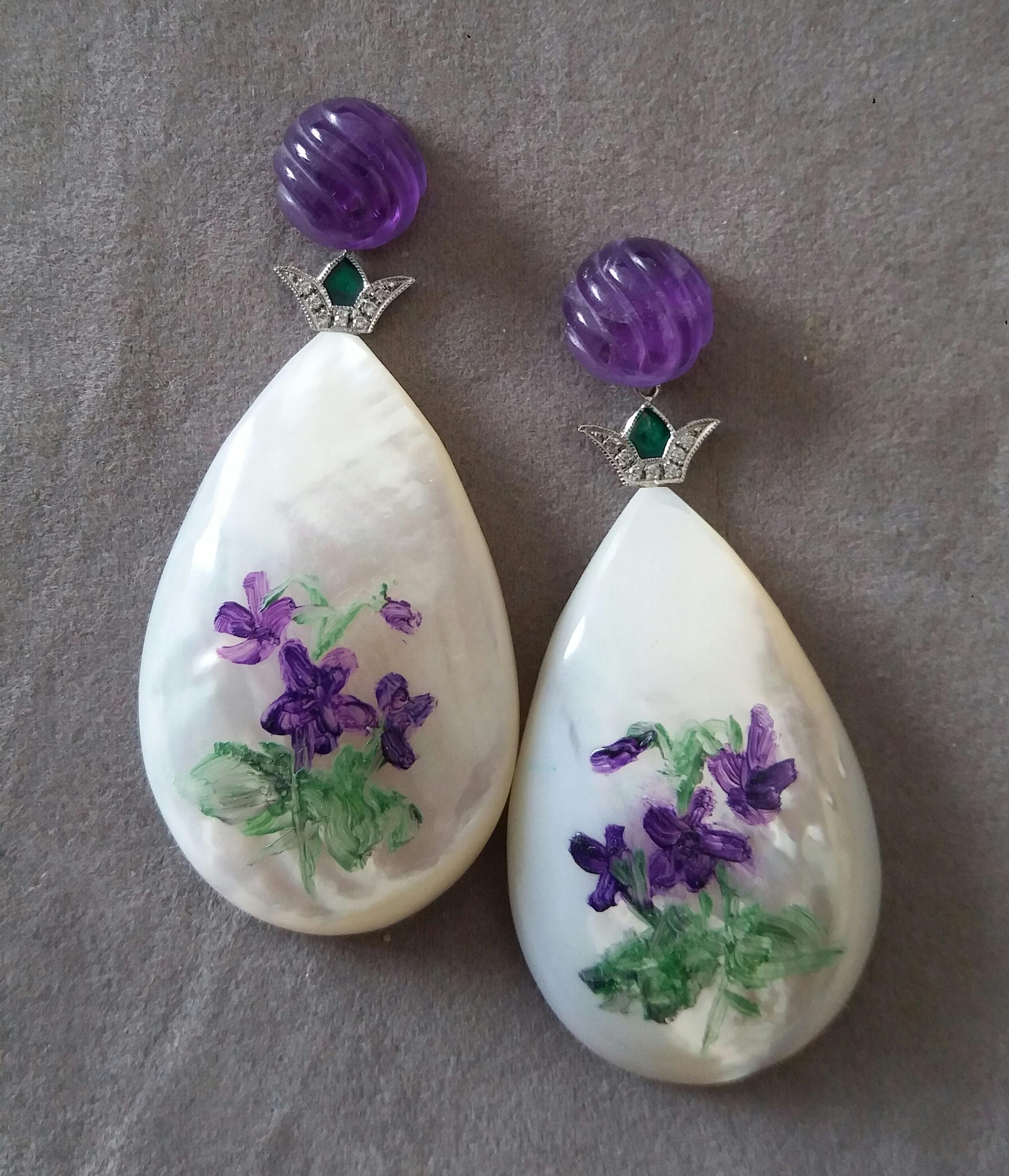 Arts and Crafts Hand Painted Mother of Pearl White Gold Diamond Enamel Carved Amethyst Earrings For Sale