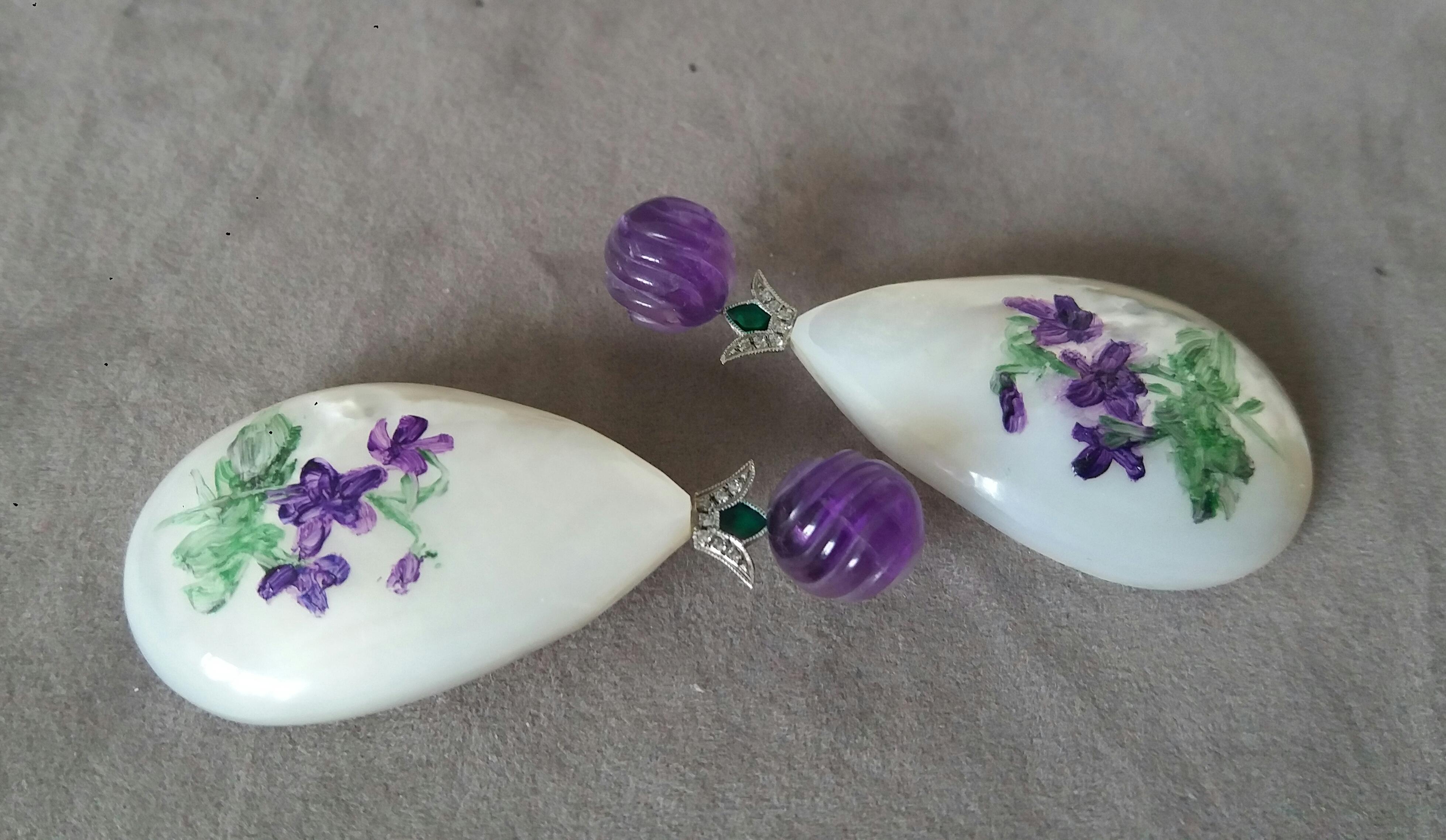 Hand Painted Mother of Pearl White Gold Diamond Enamel Carved Amethyst Earrings In New Condition For Sale In Bangkok, TH