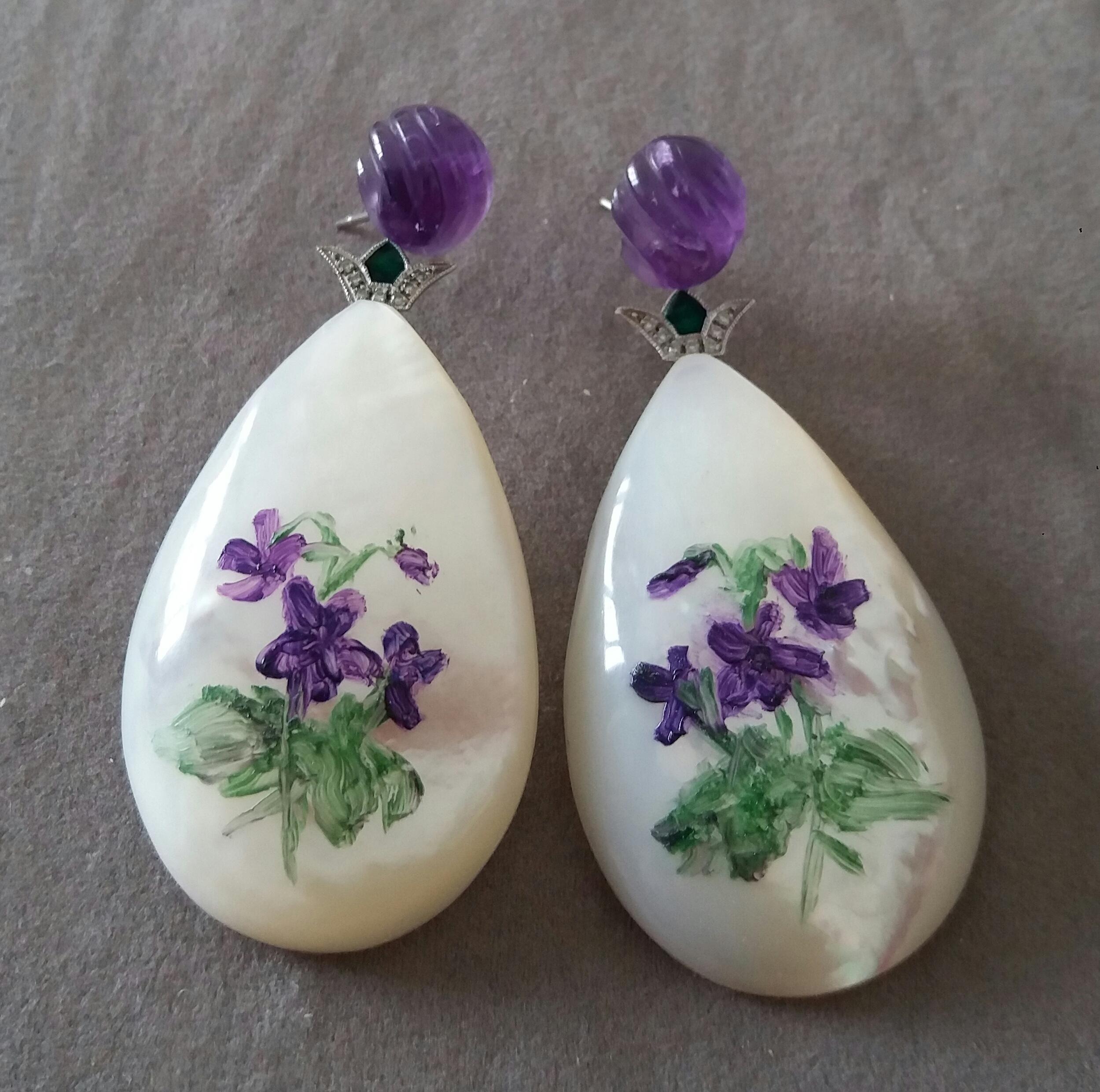 Women's Hand Painted Mother of Pearl White Gold Diamond Enamel Carved Amethyst Earrings For Sale