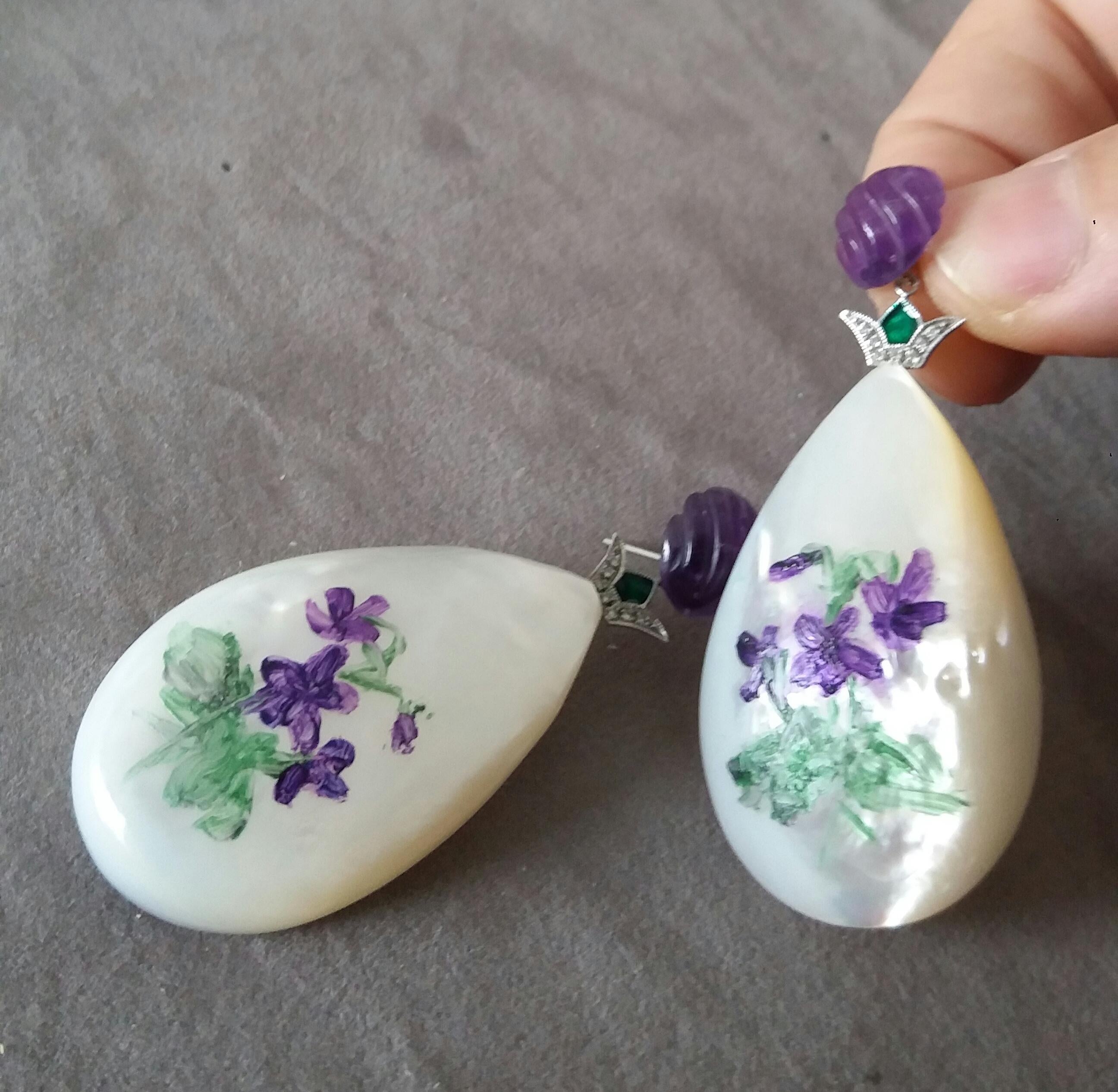 Hand Painted Mother of Pearl White Gold Diamond Enamel Carved Amethyst Earrings For Sale 1