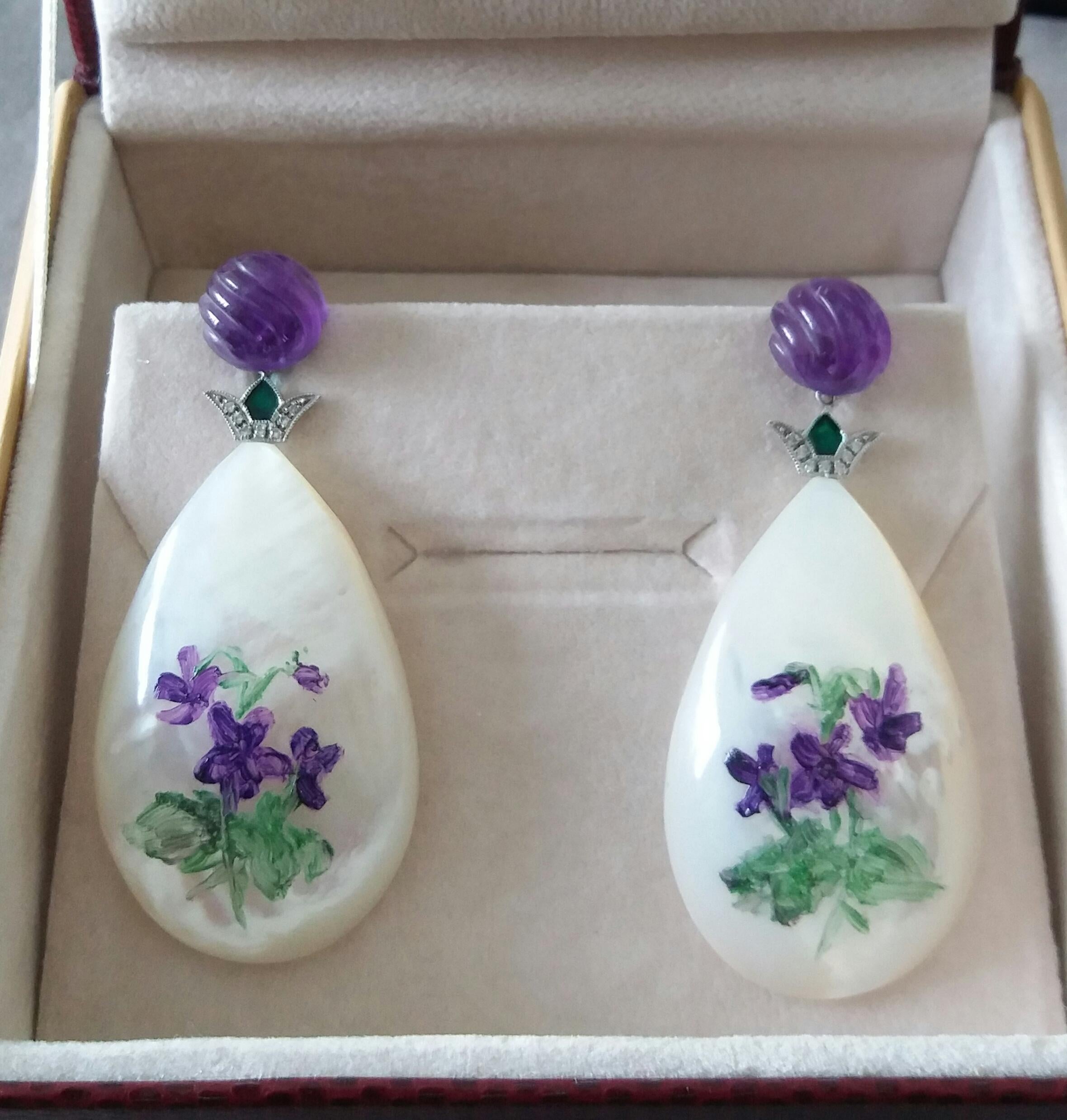 Hand Painted Mother of Pearl White Gold Diamond Enamel Carved Amethyst Earrings For Sale 2