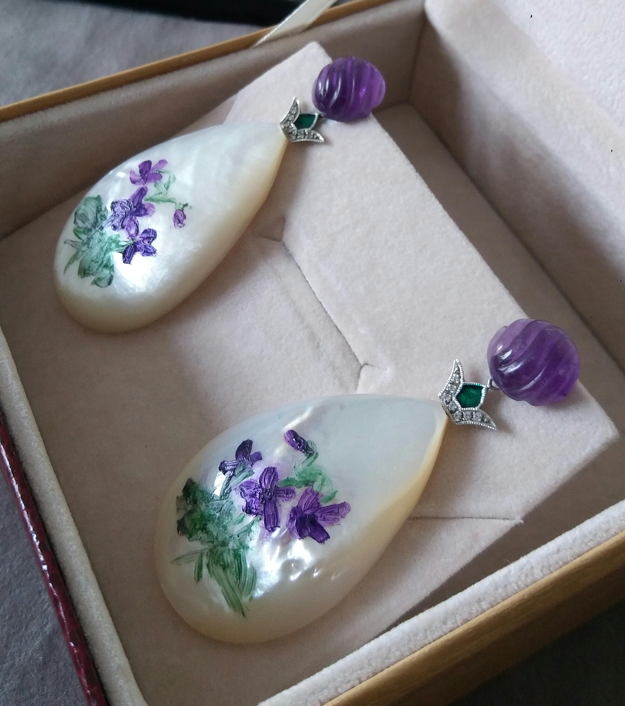 Hand Painted Mother of Pearl White Gold Diamond Enamel Carved Amethyst Earrings For Sale 3