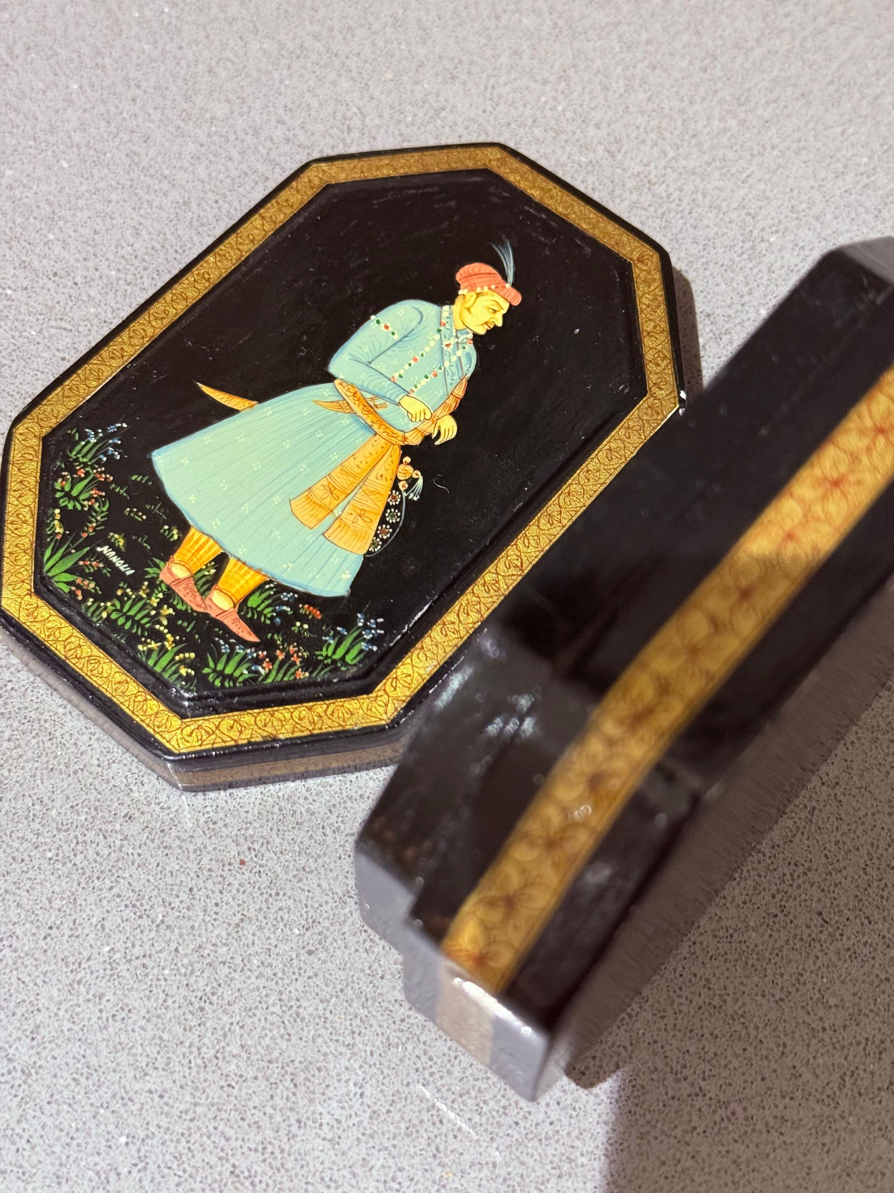 Hand-Painted Mughal Miniature Lacquer Box, Persian-Indian Art, Signed Black Box For Sale 7