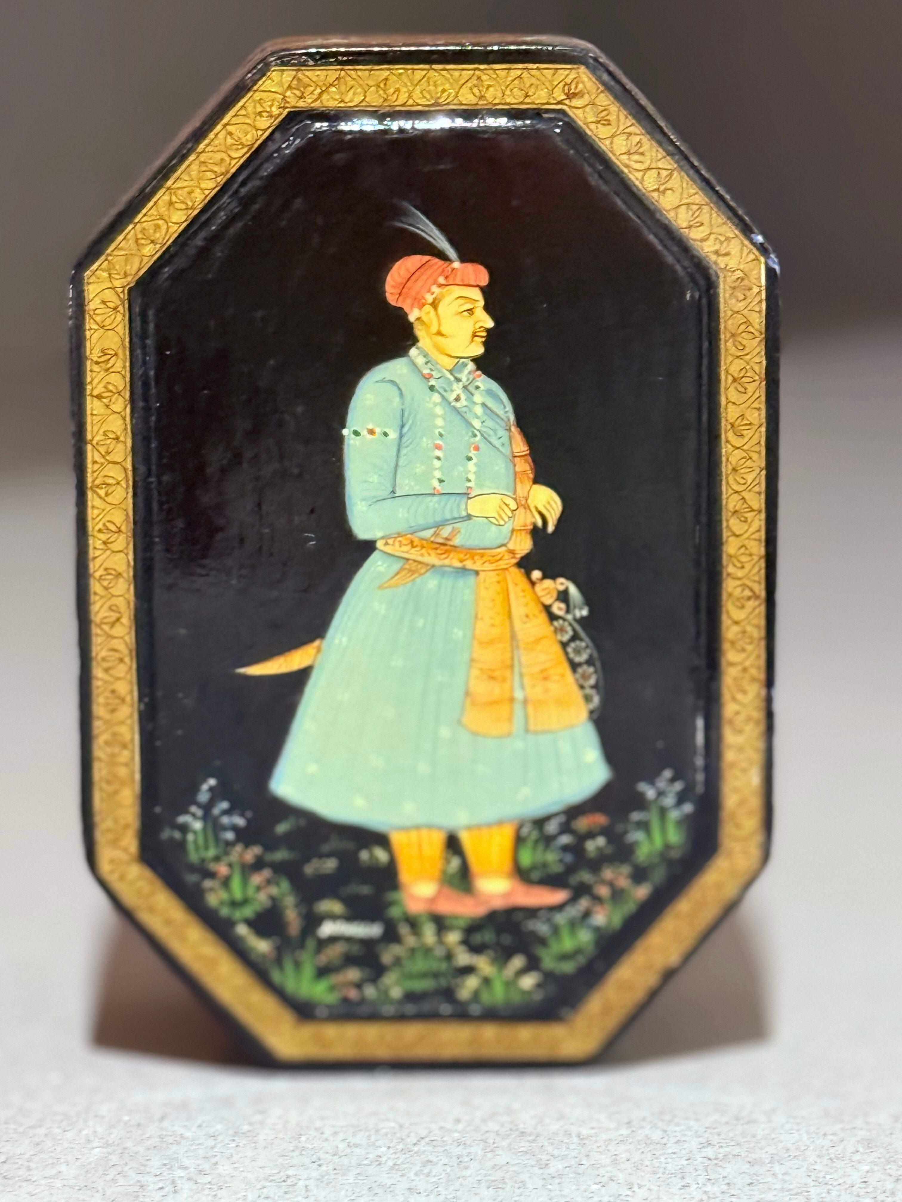 Hand-Painted Mughal Miniature Lacquer Box, Persian-Indian Art, Signed Black Box For Sale 8