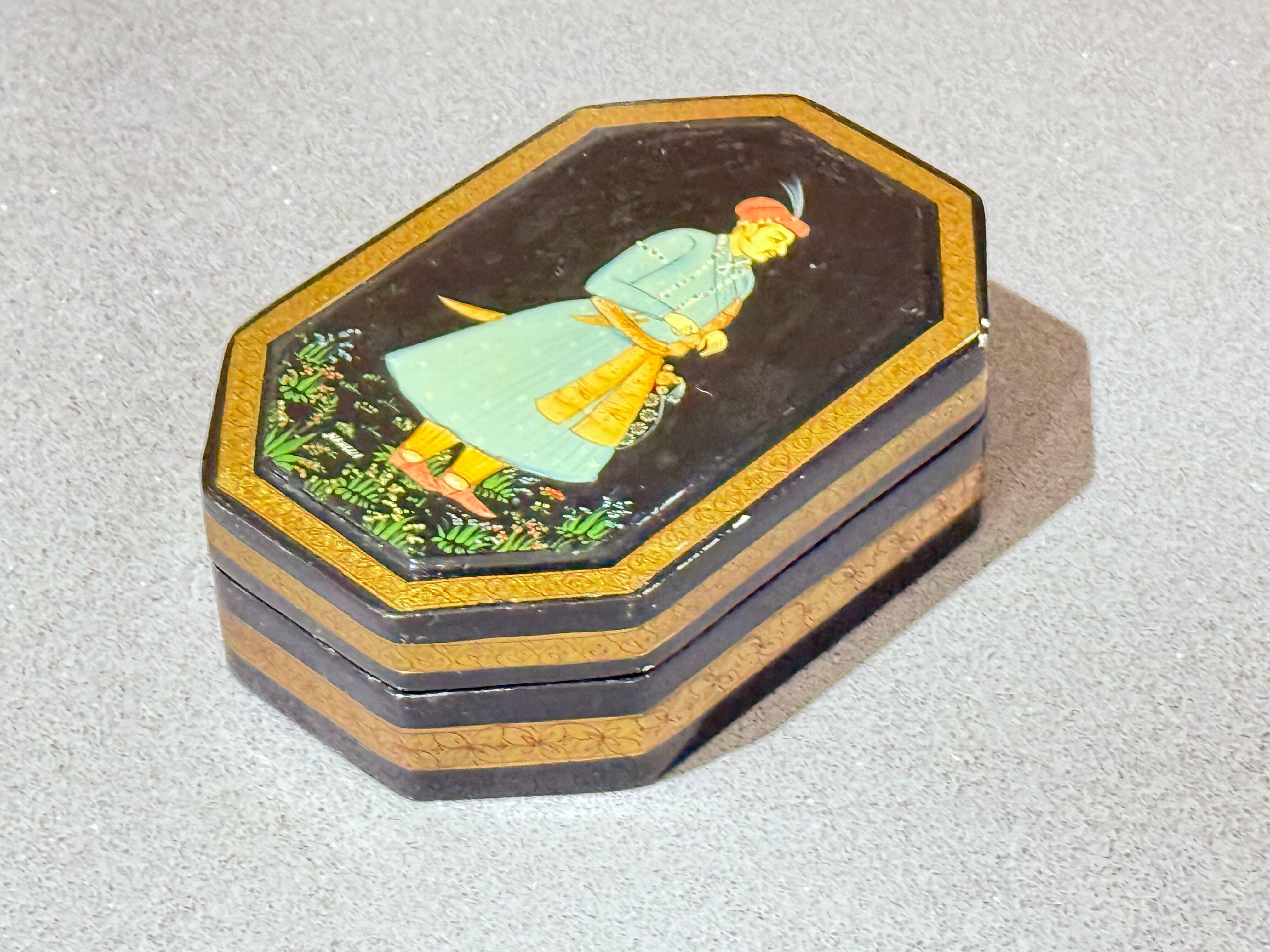 Art Deco Hand-Painted Mughal Miniature Lacquer Box, Persian-Indian Art, Signed Black Box For Sale