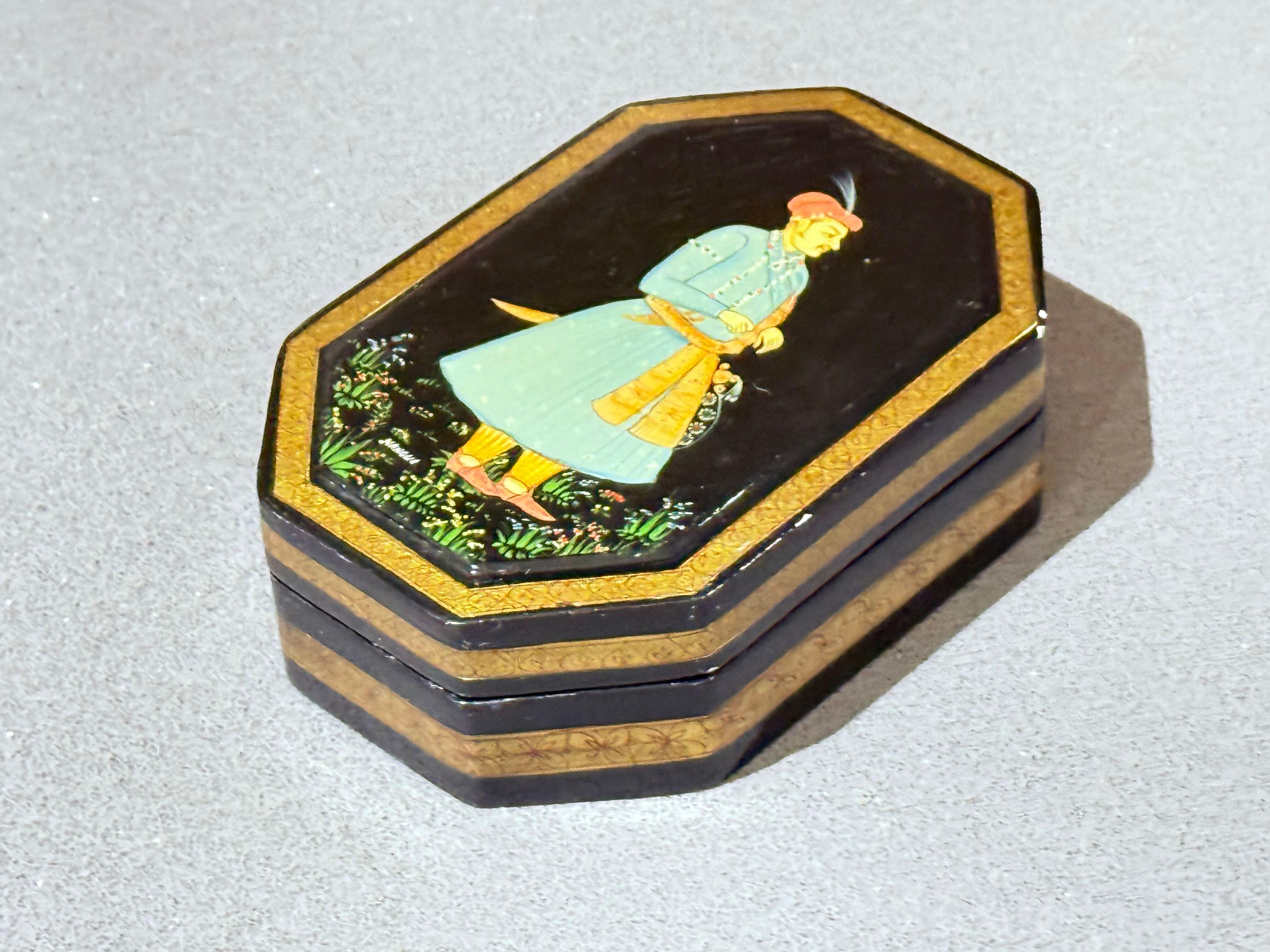 Hand-Crafted Hand-Painted Mughal Miniature Lacquer Box, Persian-Indian Art, Signed Black Box For Sale