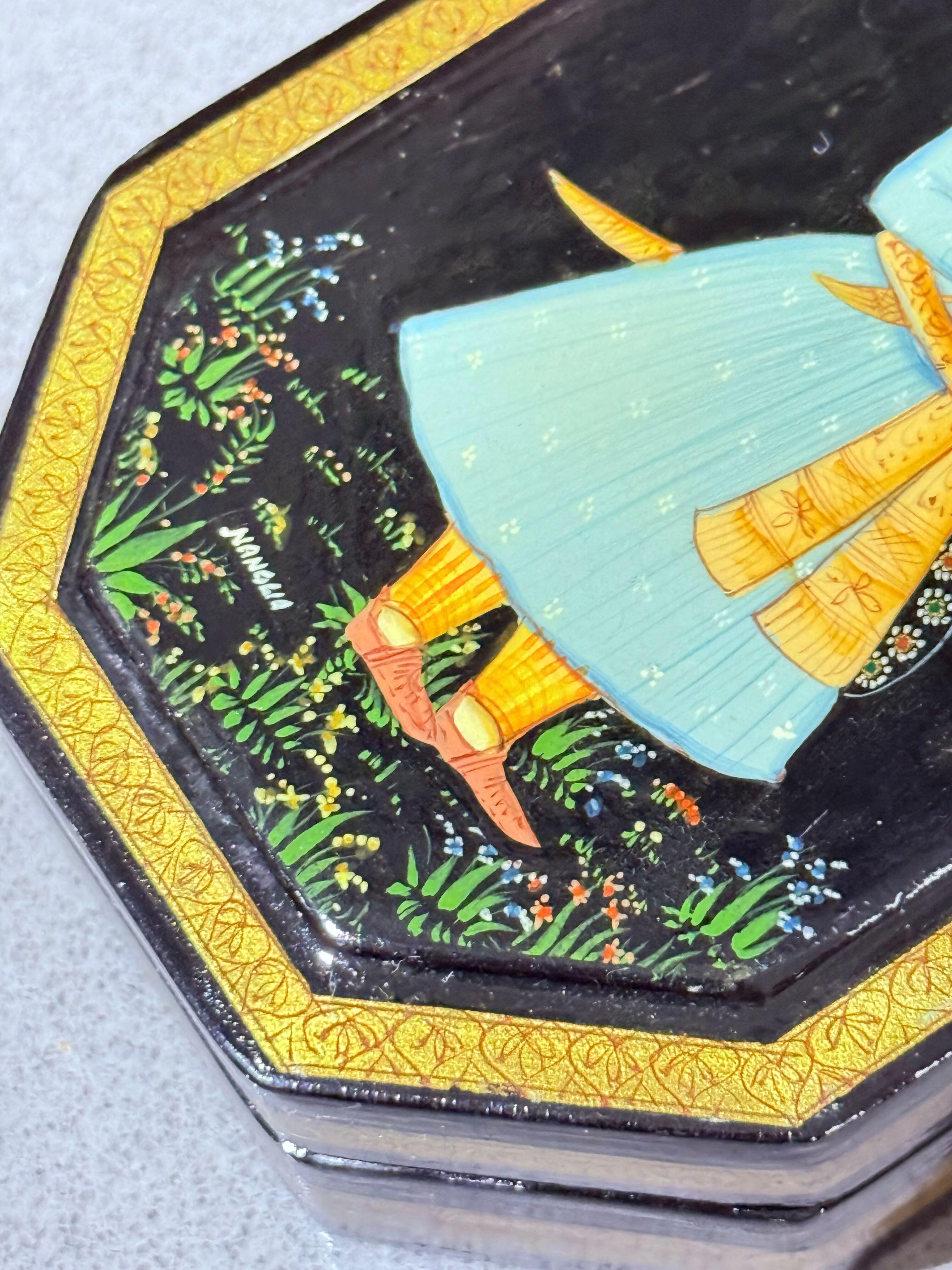 Bronze Hand-Painted Mughal Miniature Lacquer Box, Persian-Indian Art, Signed Black Box For Sale