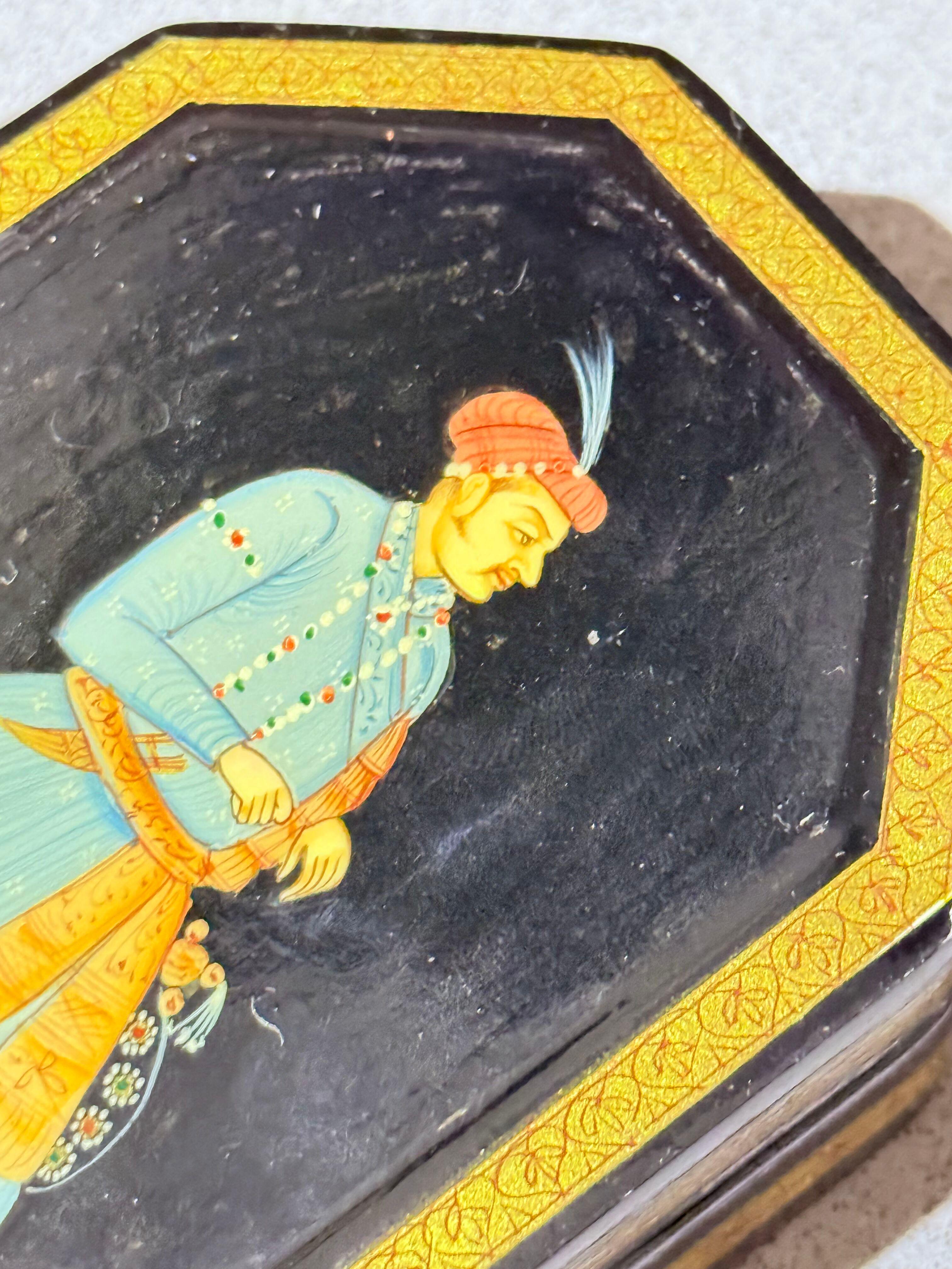 Hand-Painted Mughal Miniature Lacquer Box, Persian-Indian Art, Signed Black Box For Sale 1