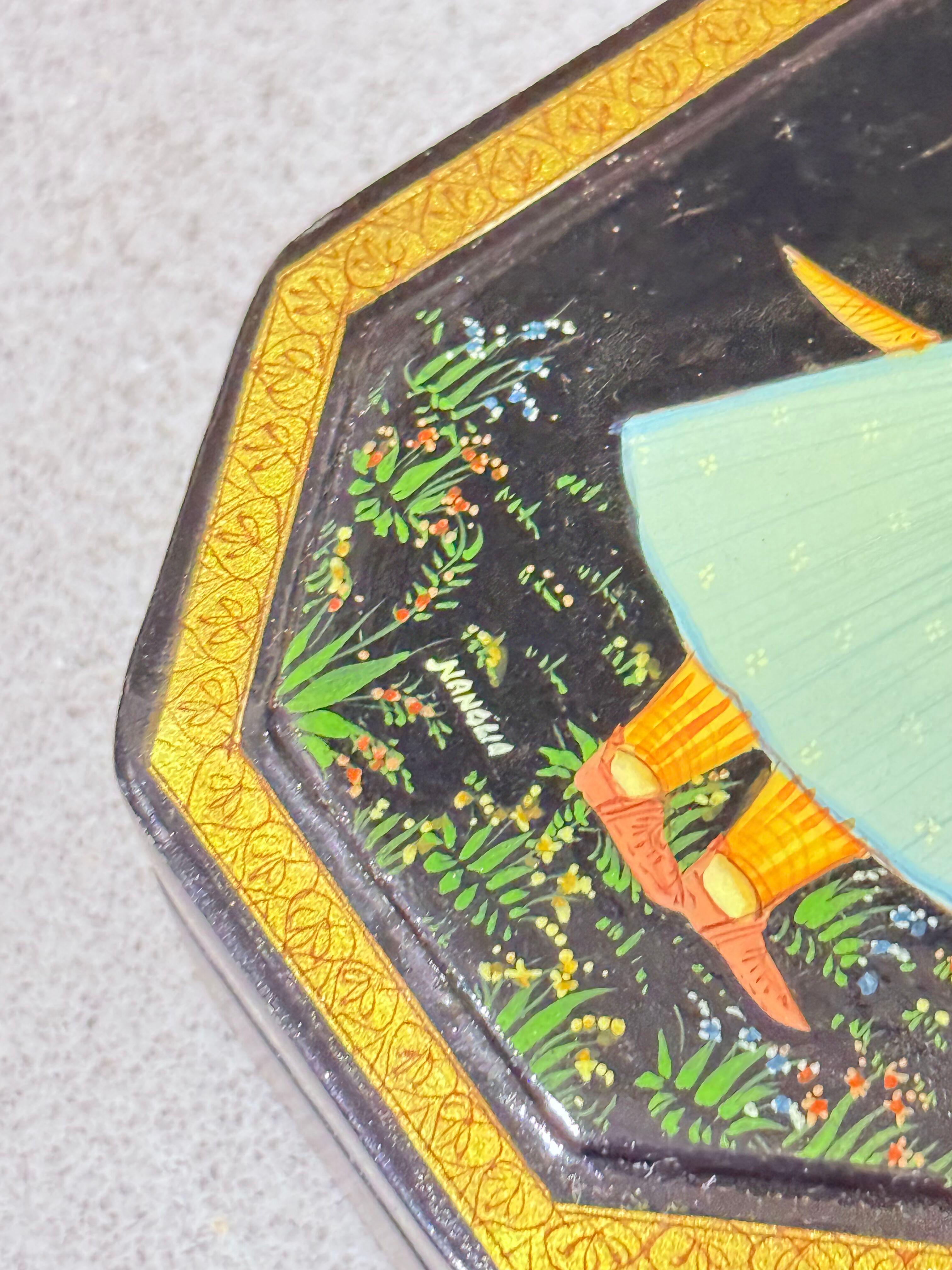 Hand-Painted Mughal Miniature Lacquer Box, Persian-Indian Art, Signed Black Box For Sale 2
