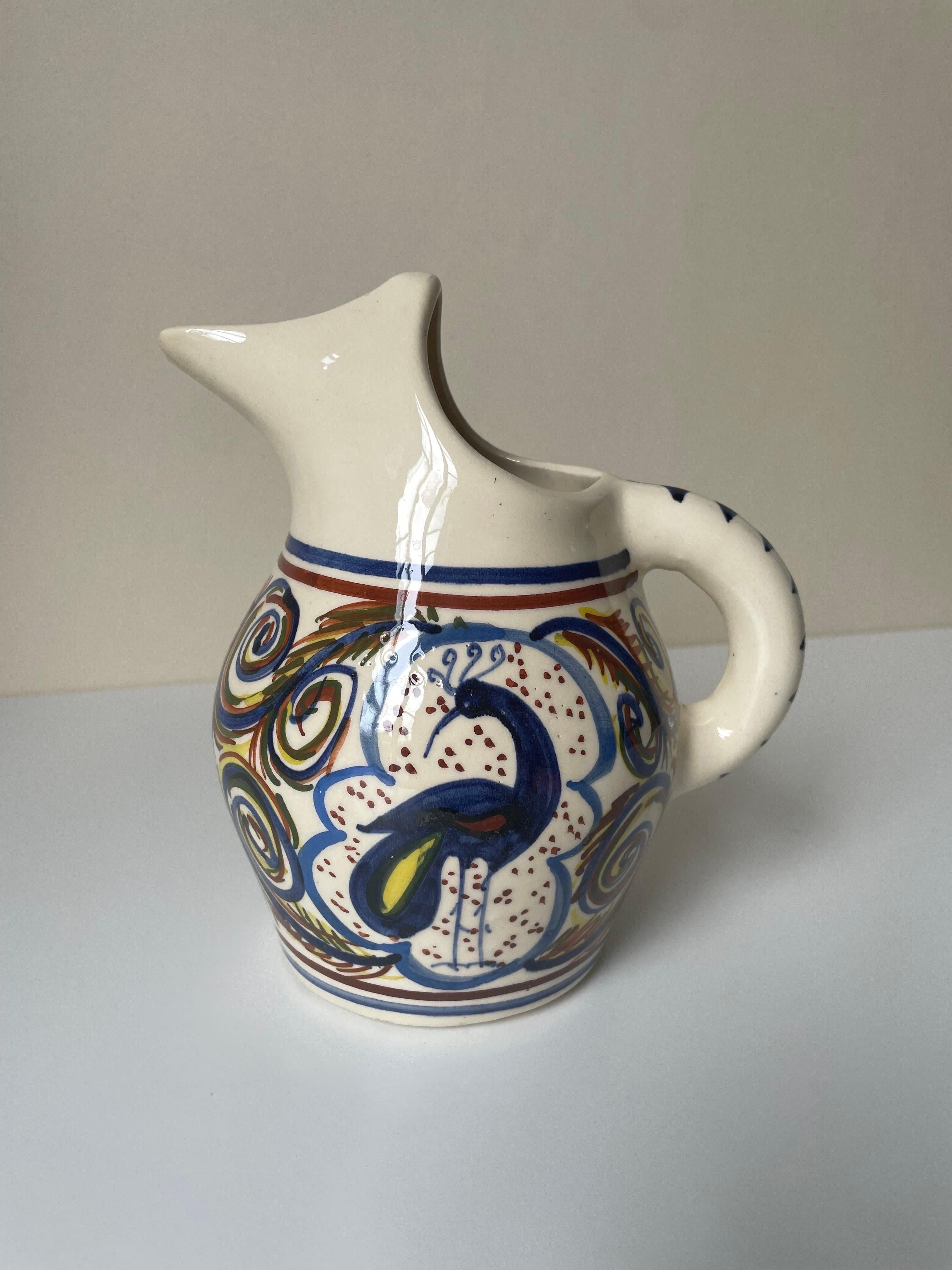 Hand-Painted Multicolored Ceramic Pitcher Vase For Sale 4