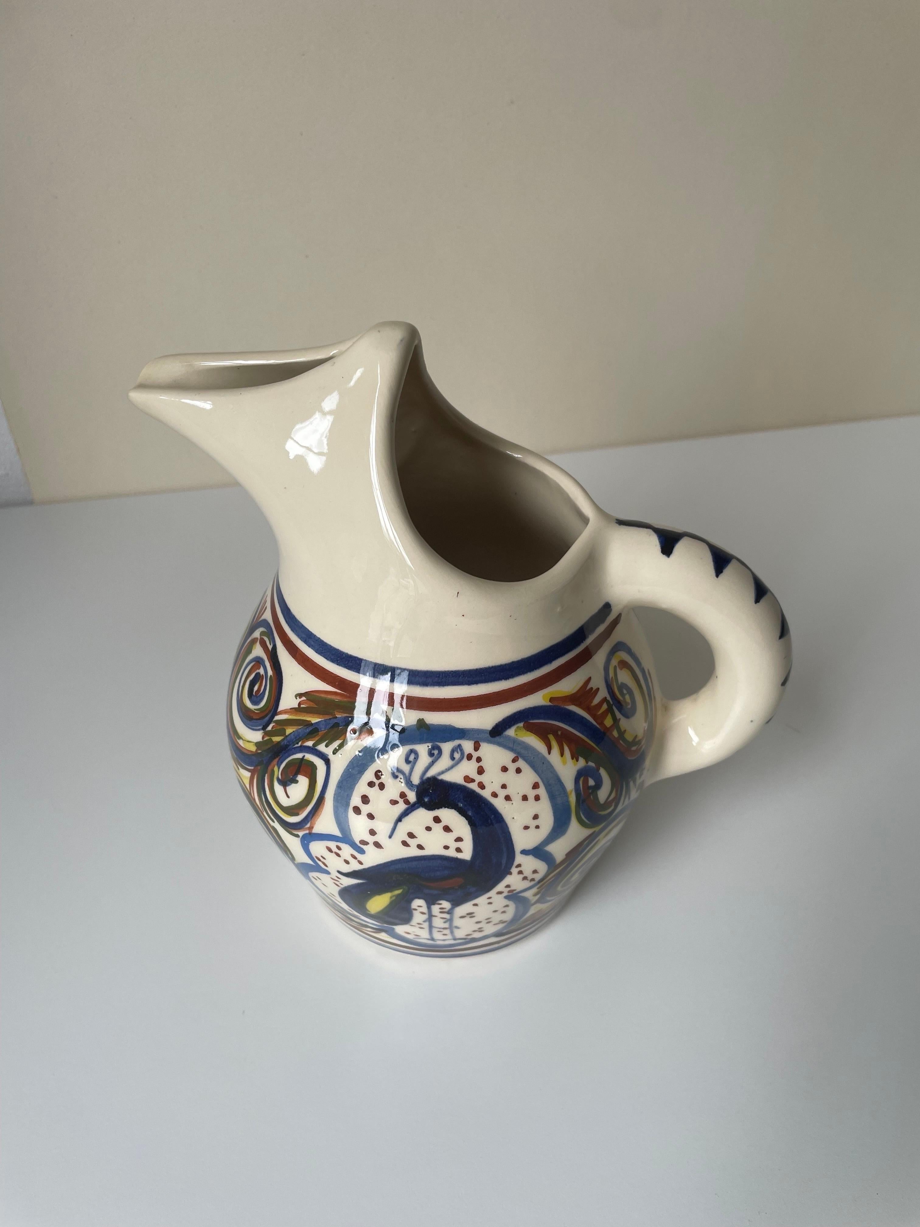 Hand-Painted Multicolored Ceramic Pitcher Vase For Sale 5