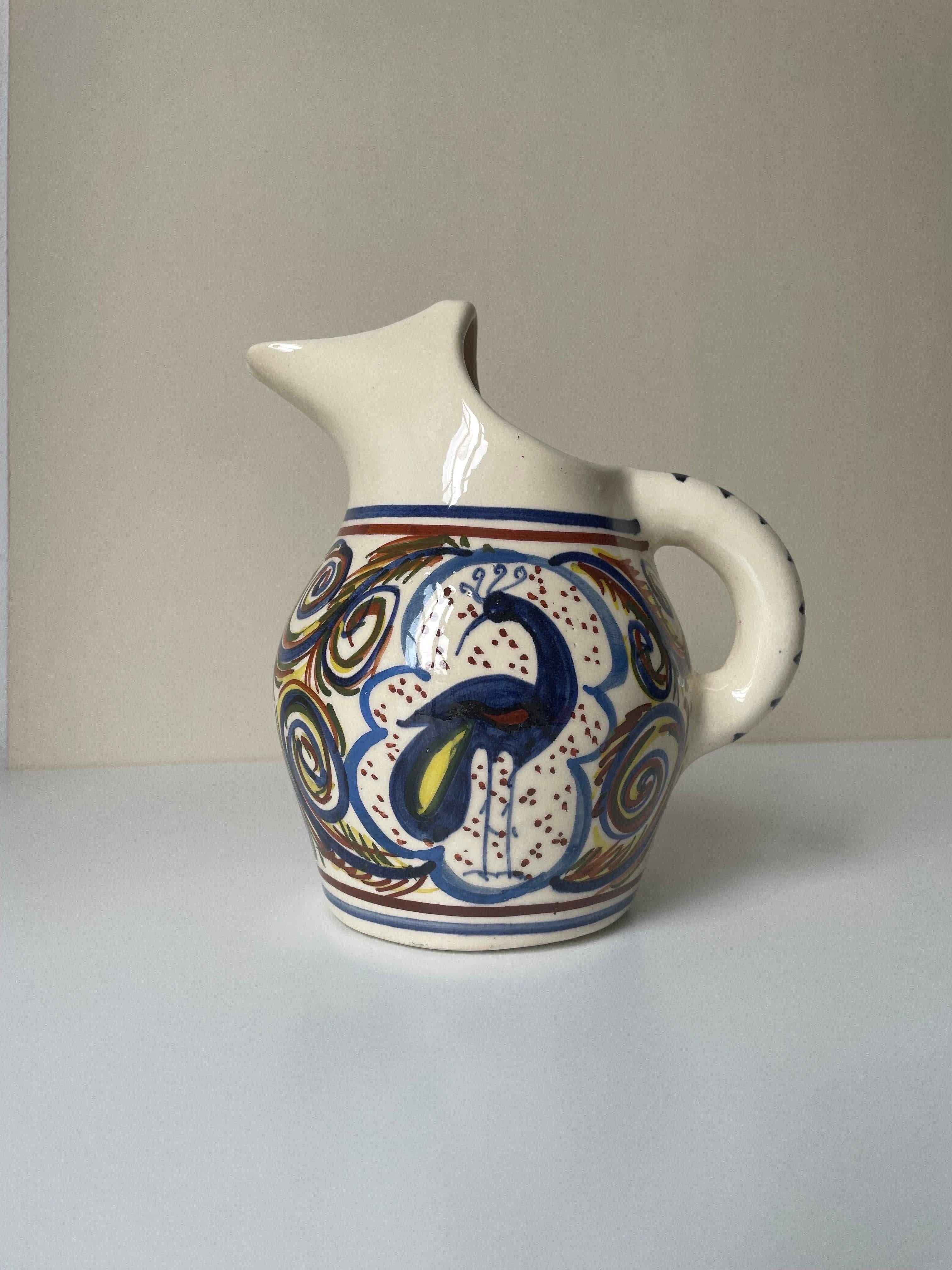 Hand-Painted Multicolored Ceramic Pitcher Vase For Sale 6
