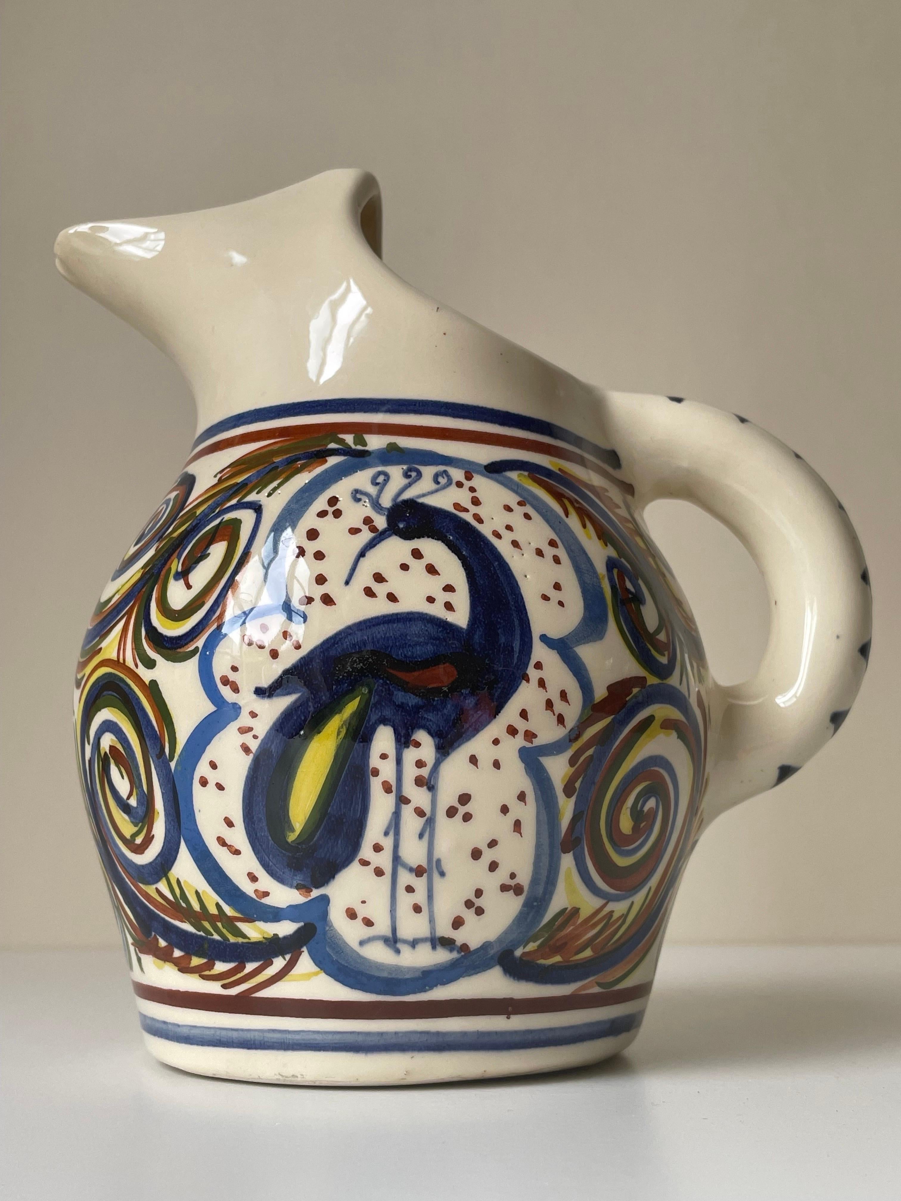 Hand-Painted Multicolored Ceramic Pitcher Vase For Sale 7