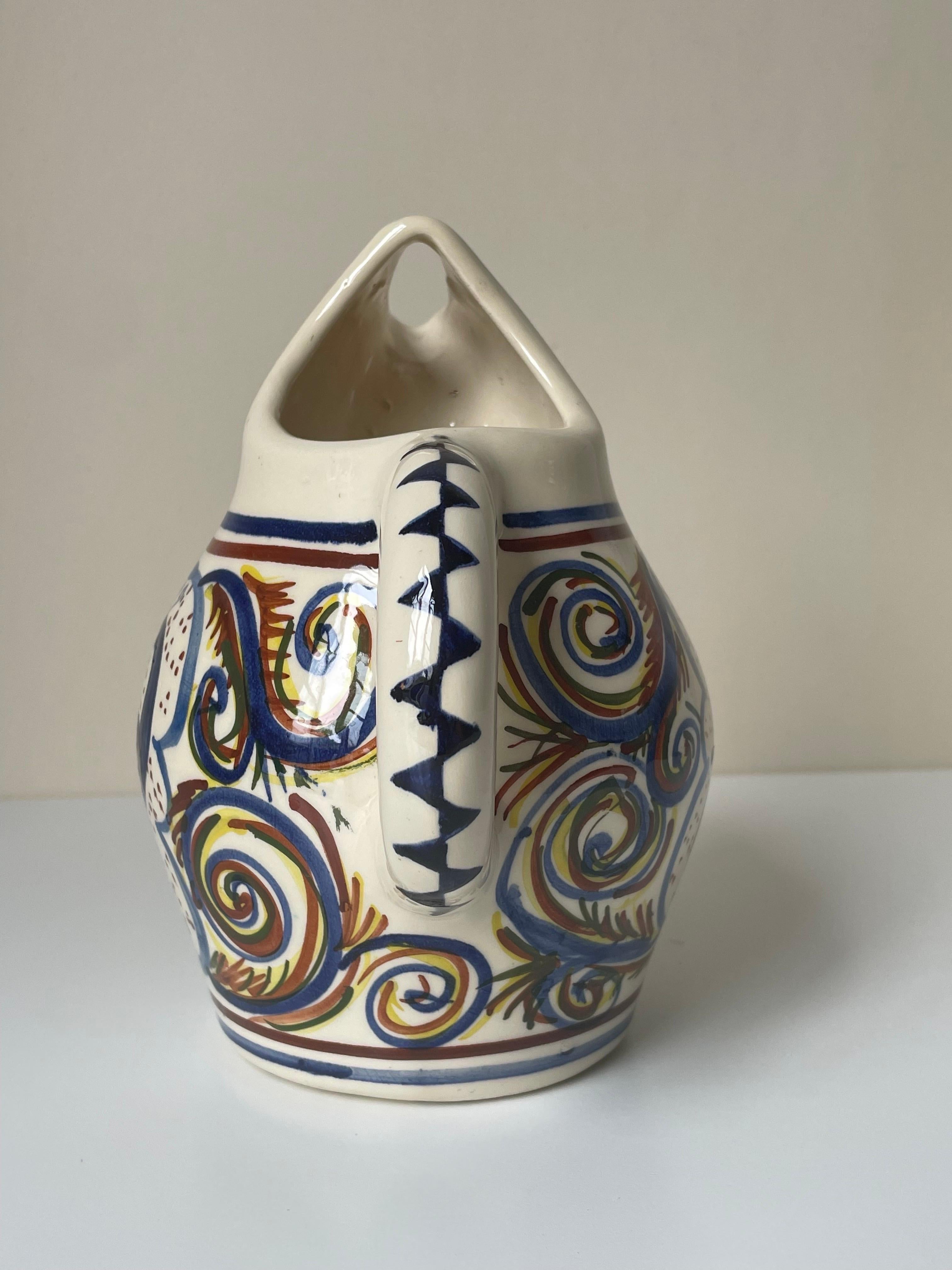 European Hand-Painted Multicolored Ceramic Pitcher Vase For Sale