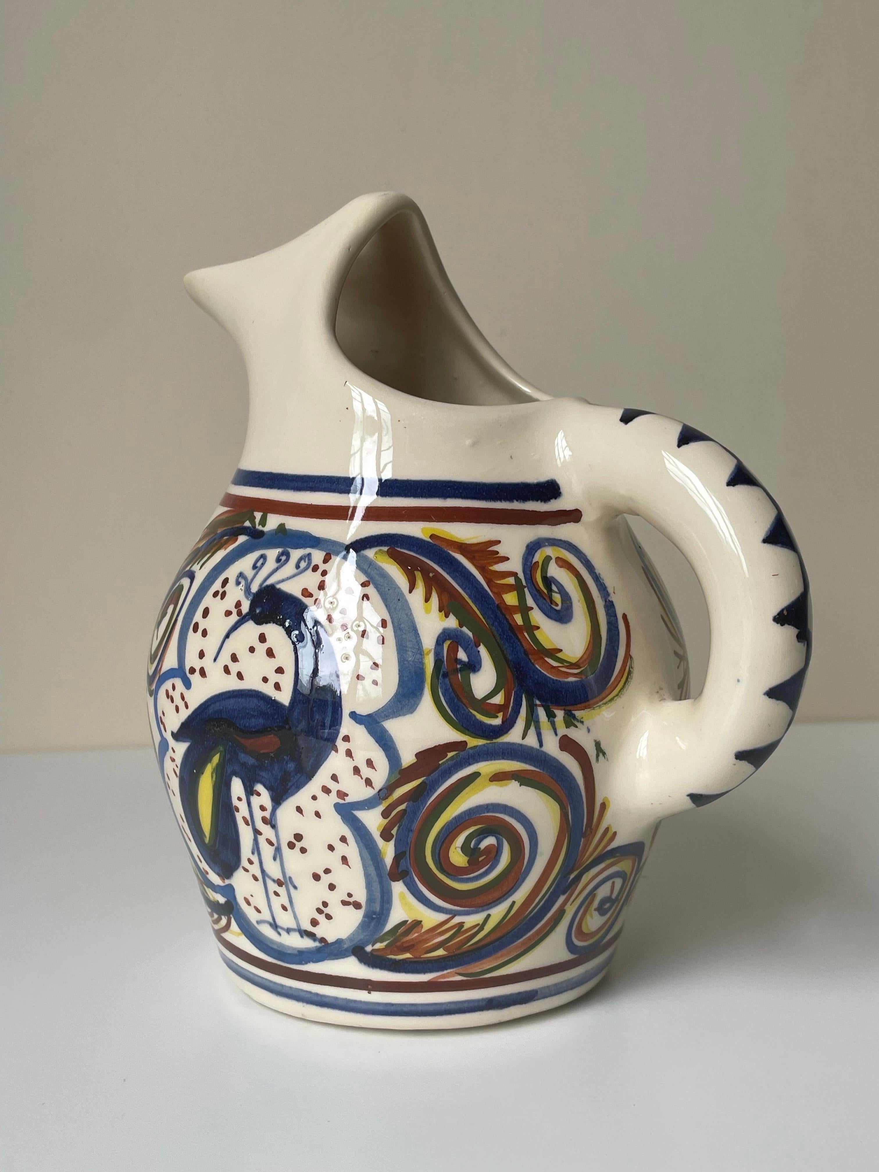 Glazed Hand-Painted Multicolored Ceramic Pitcher Vase For Sale