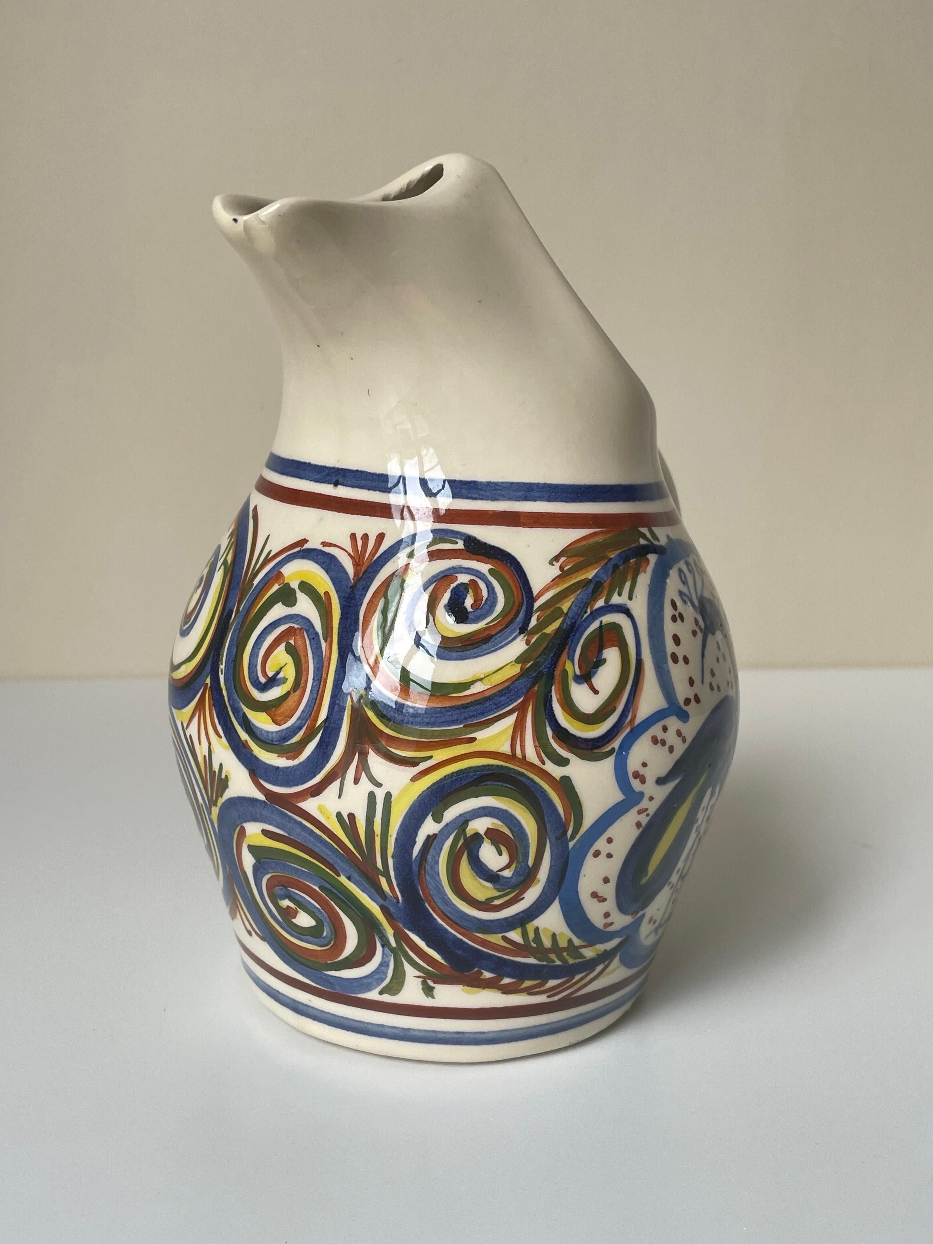 20th Century Hand-Painted Multicolored Ceramic Pitcher Vase For Sale