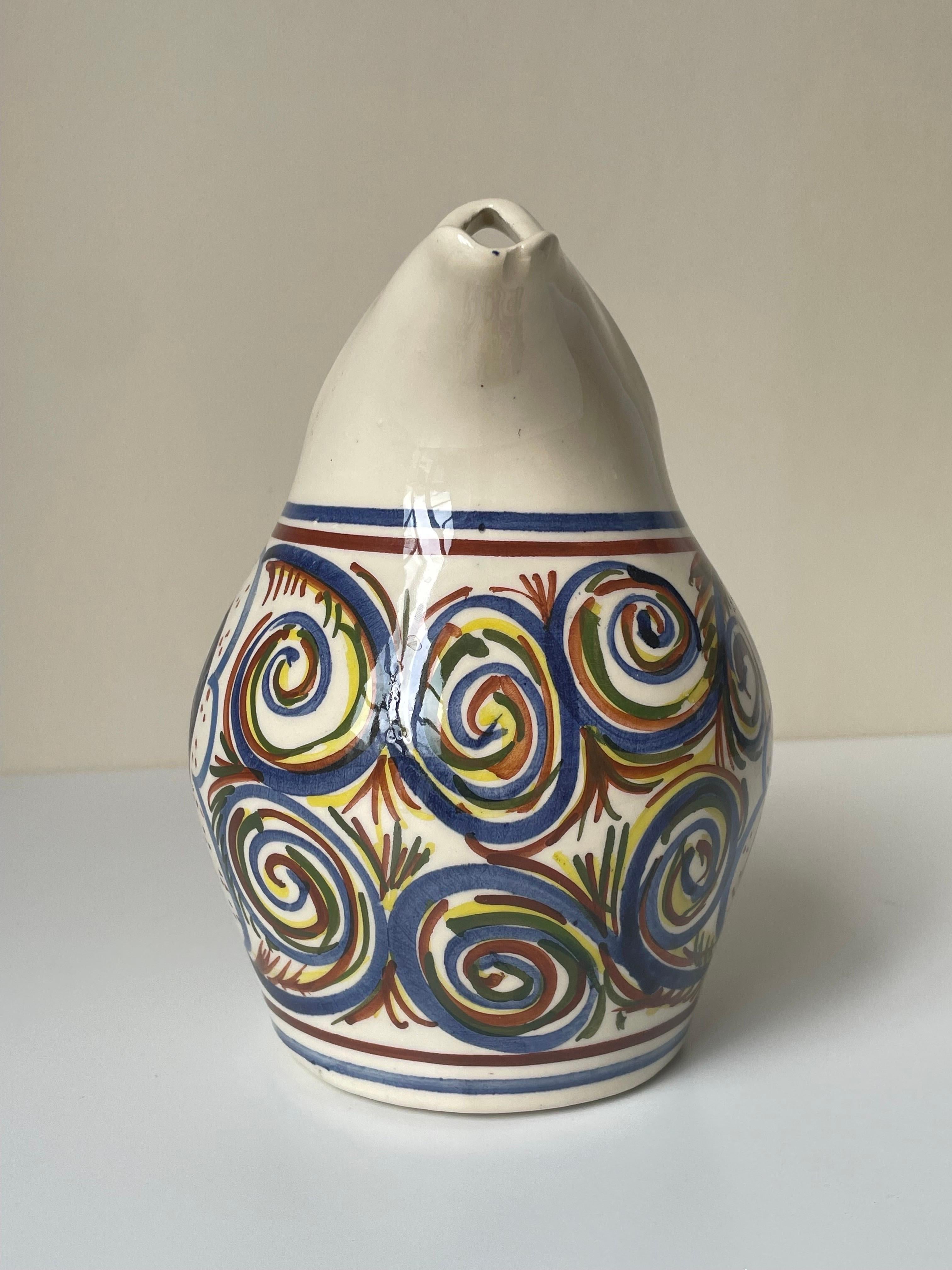 Stoneware Hand-Painted Multicolored Ceramic Pitcher Vase For Sale