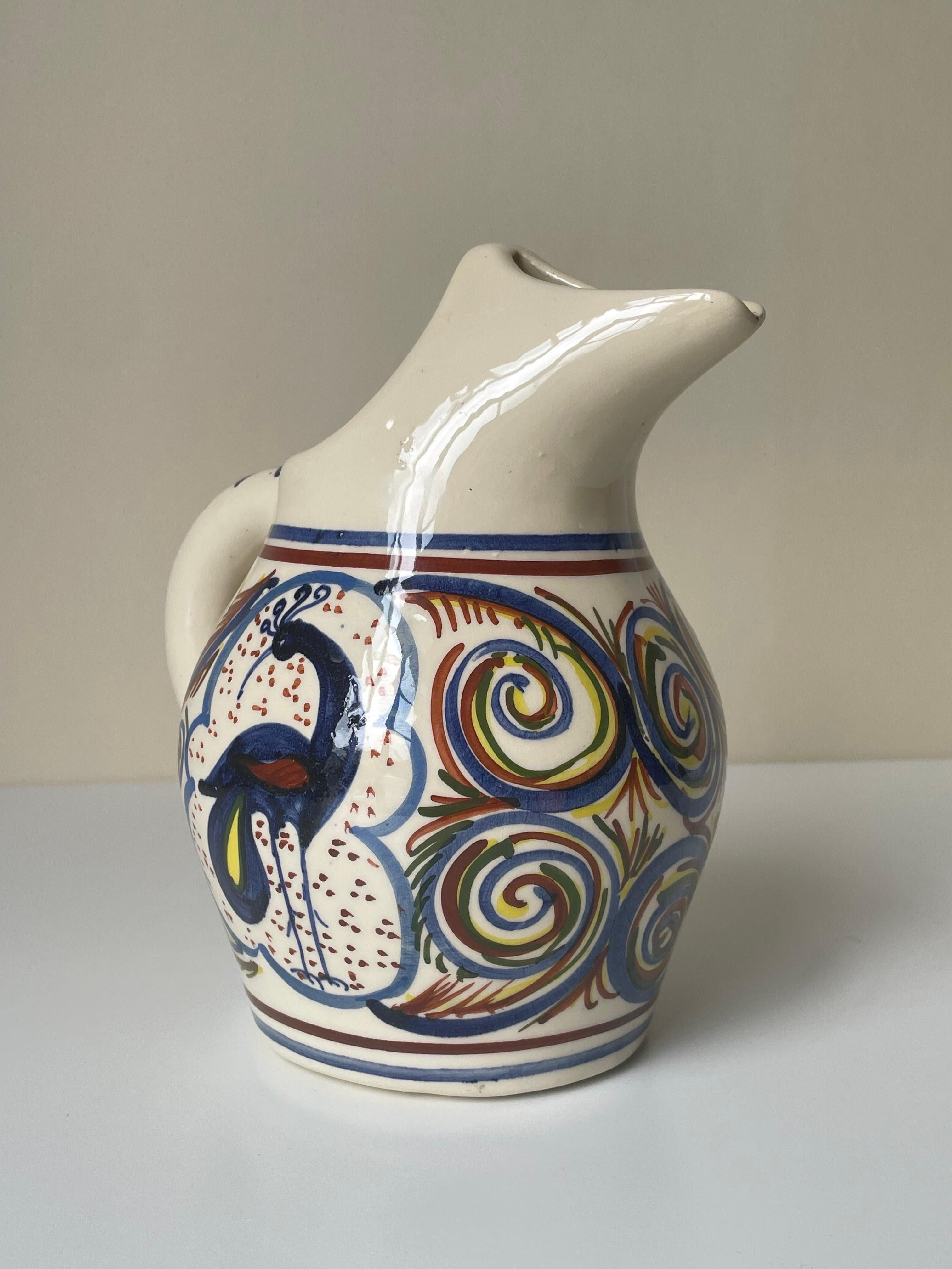 Hand-Painted Multicolored Ceramic Pitcher Vase For Sale 1