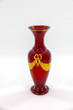 Hand-Painted Murano Ruby Glass Vase with Gilt Floral Festoons and Gold Bows