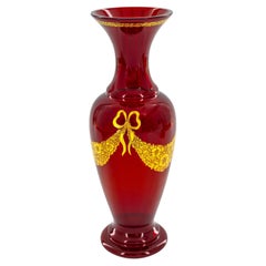 Hand-Painted Murano Ruby Glass Vase with Gilt Floral Festoons and Gold Bows