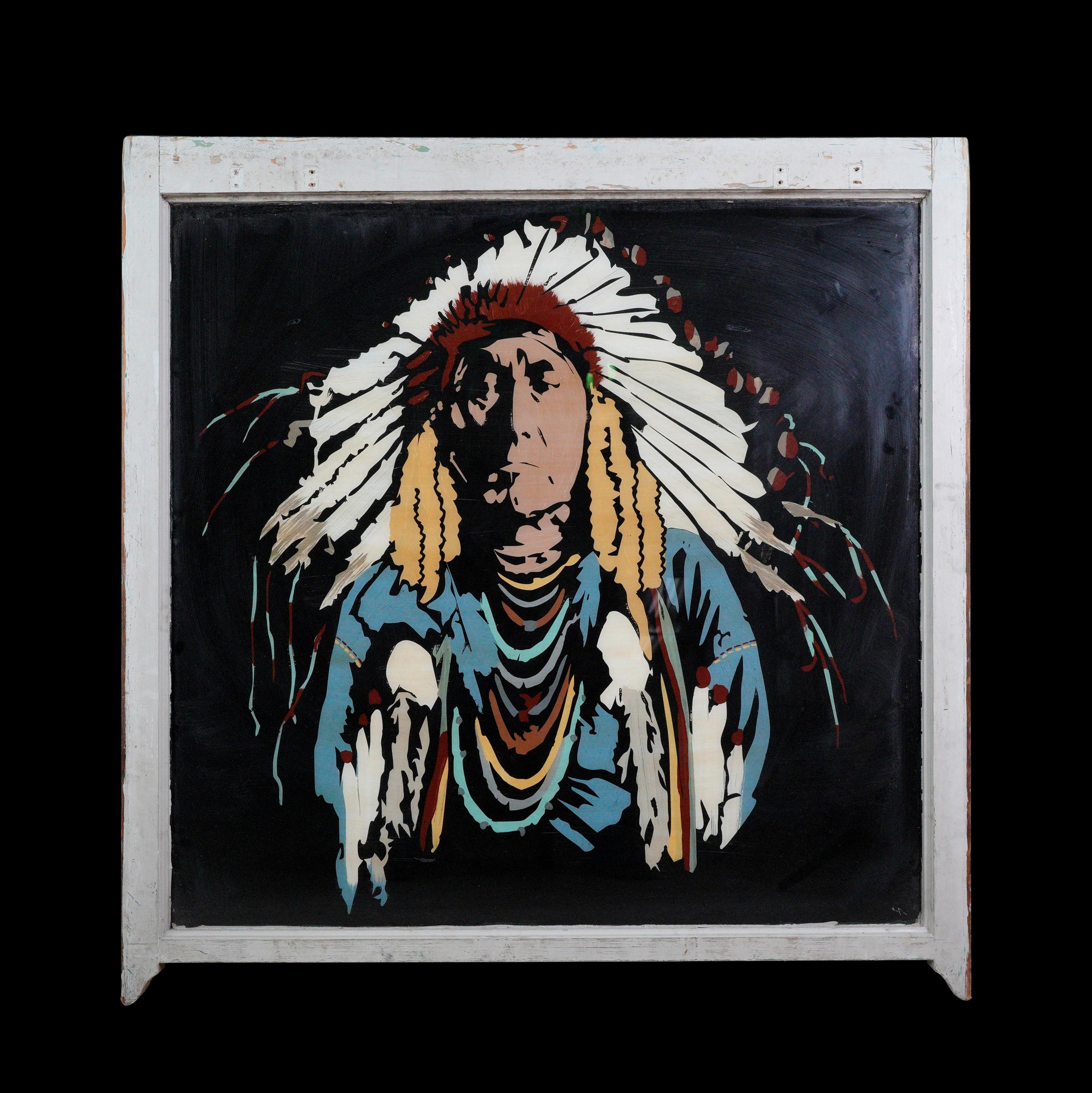 Hand Painted Native American Chief Window Painting For Sale at 1stDibs
