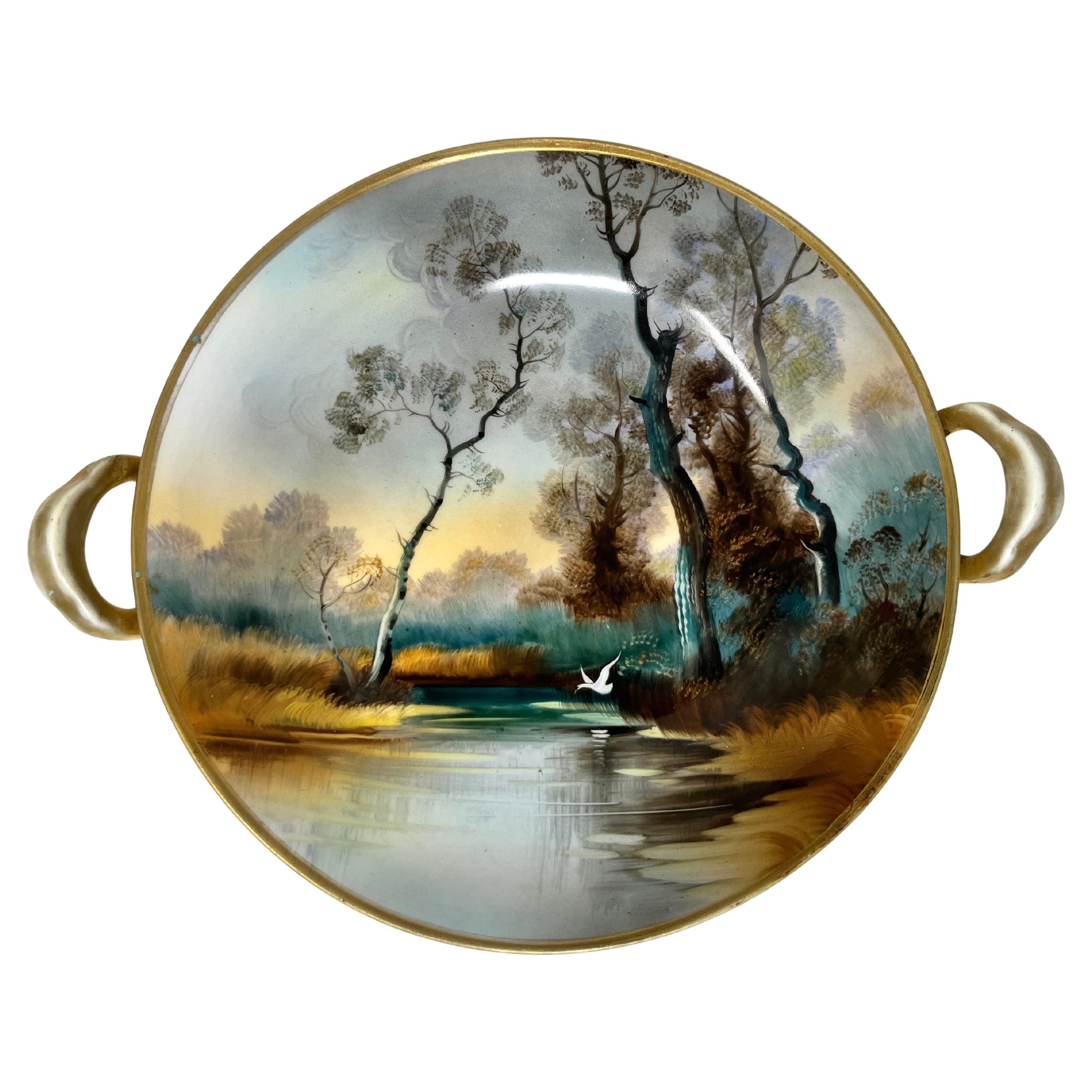 Hand Painted Noritake Nippon Footed Handled Bowl with Woodland Scene, C. 1910