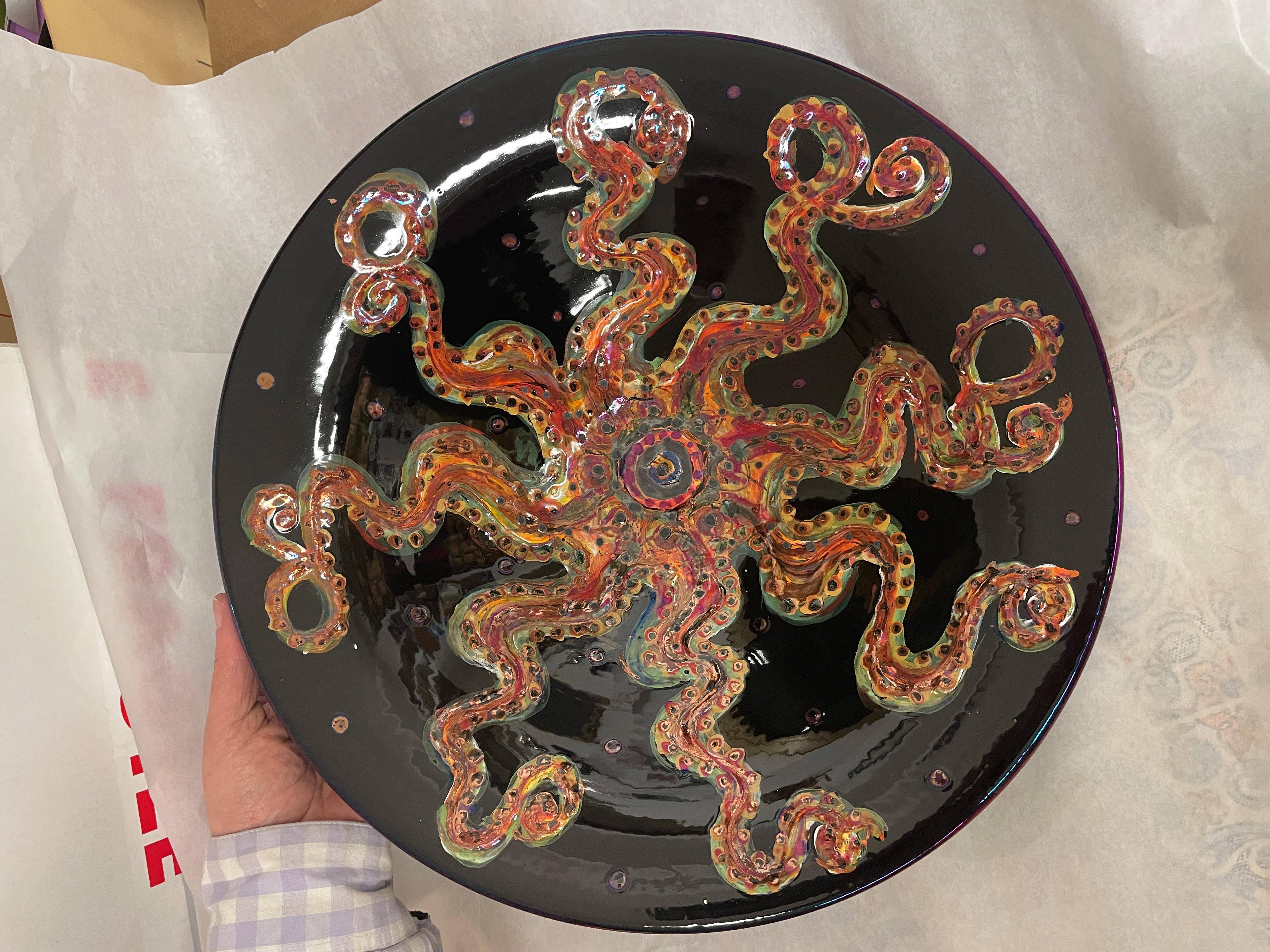 Classical Greek Hand-Painted Octopus Ceramic Bowl Italy Contemporary  Faience 21st Century For Sale
