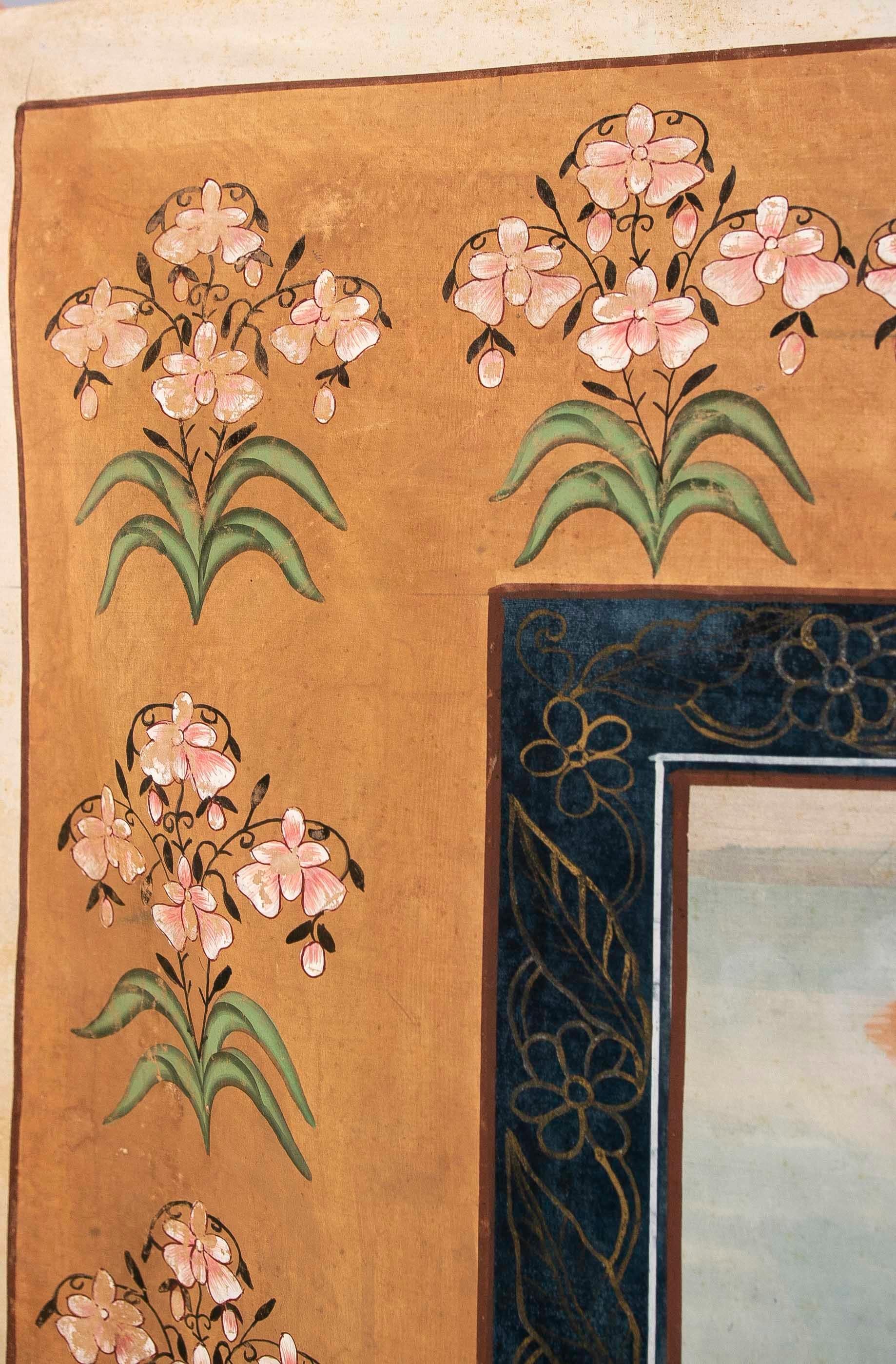 Indian Hand-Painted of a Bird on Canvas Among Nature with a Flower Border  For Sale