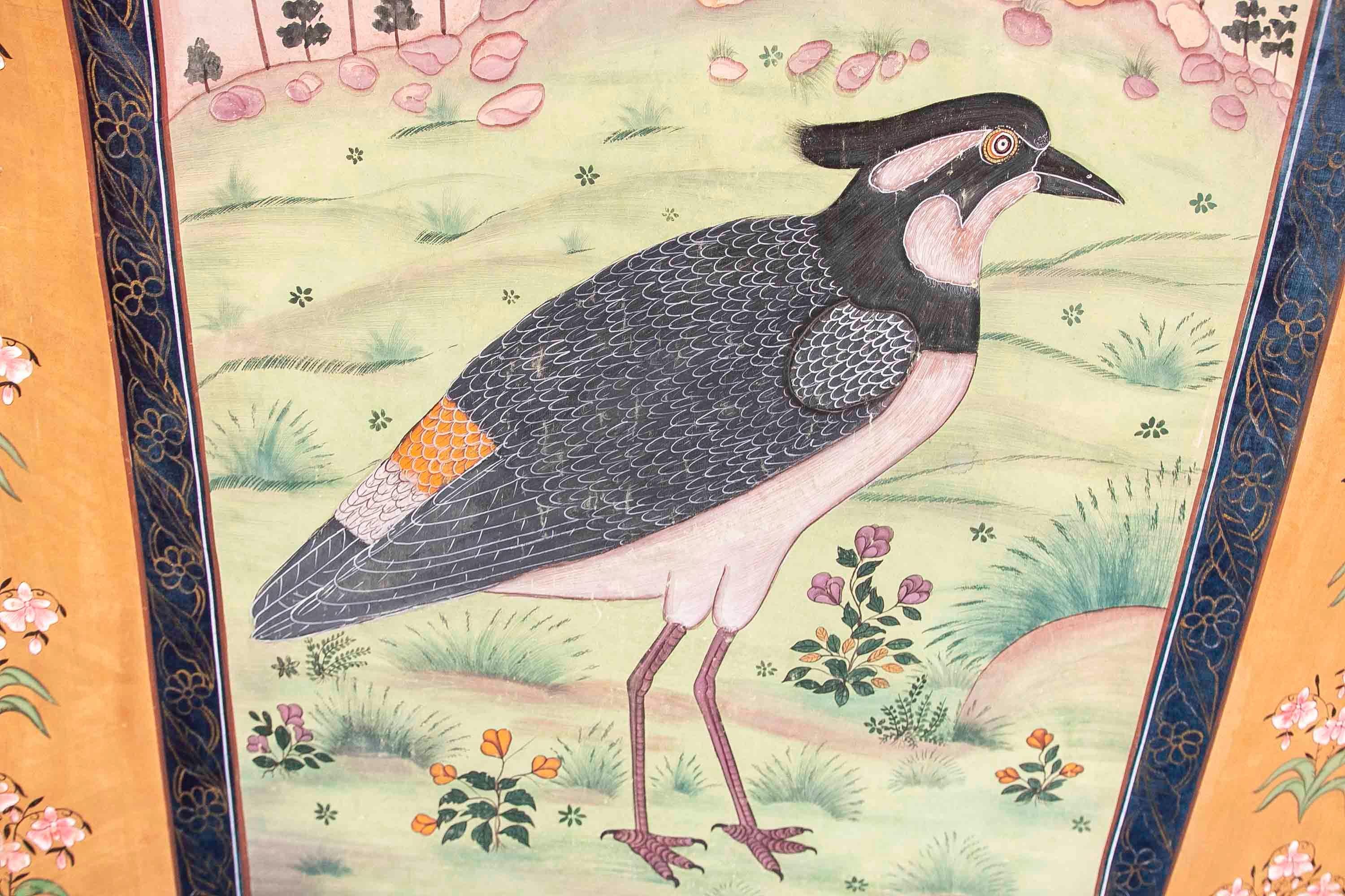Peinture à la main d'un oiseau sur toile « Among Nature with a Flower Border »  en vente 3