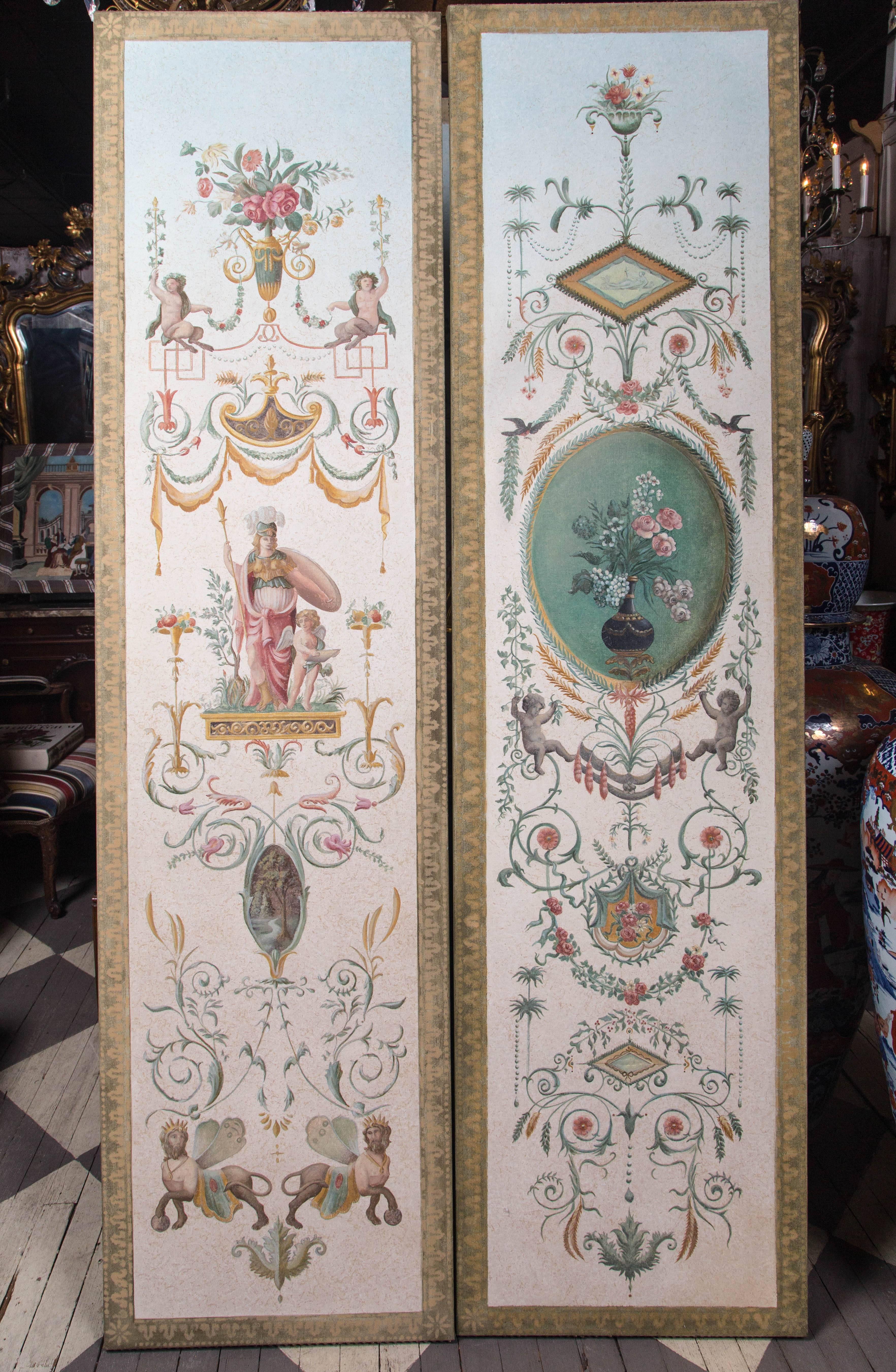 This screen is painted in the neoclassical style of ancient Rome. The designs seem to be taken from excavations at Pompeii and Herculeneum frescos.
The outer ends are secured with brass head hails. The back is of dark green velvet.
Each panel is