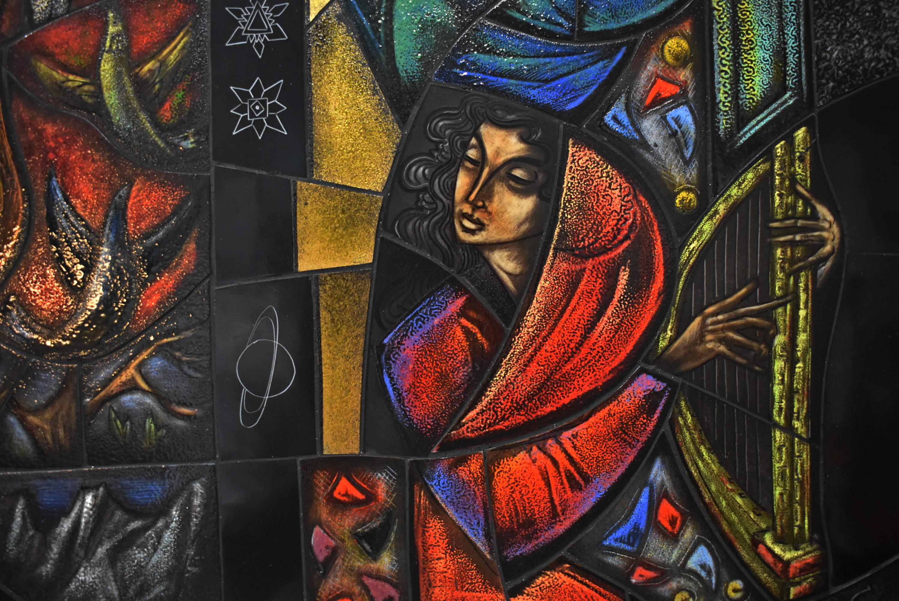 Hand painted on glass fired finish original art by Arnaldo Maas circa 1971. Titled Creation Of The World