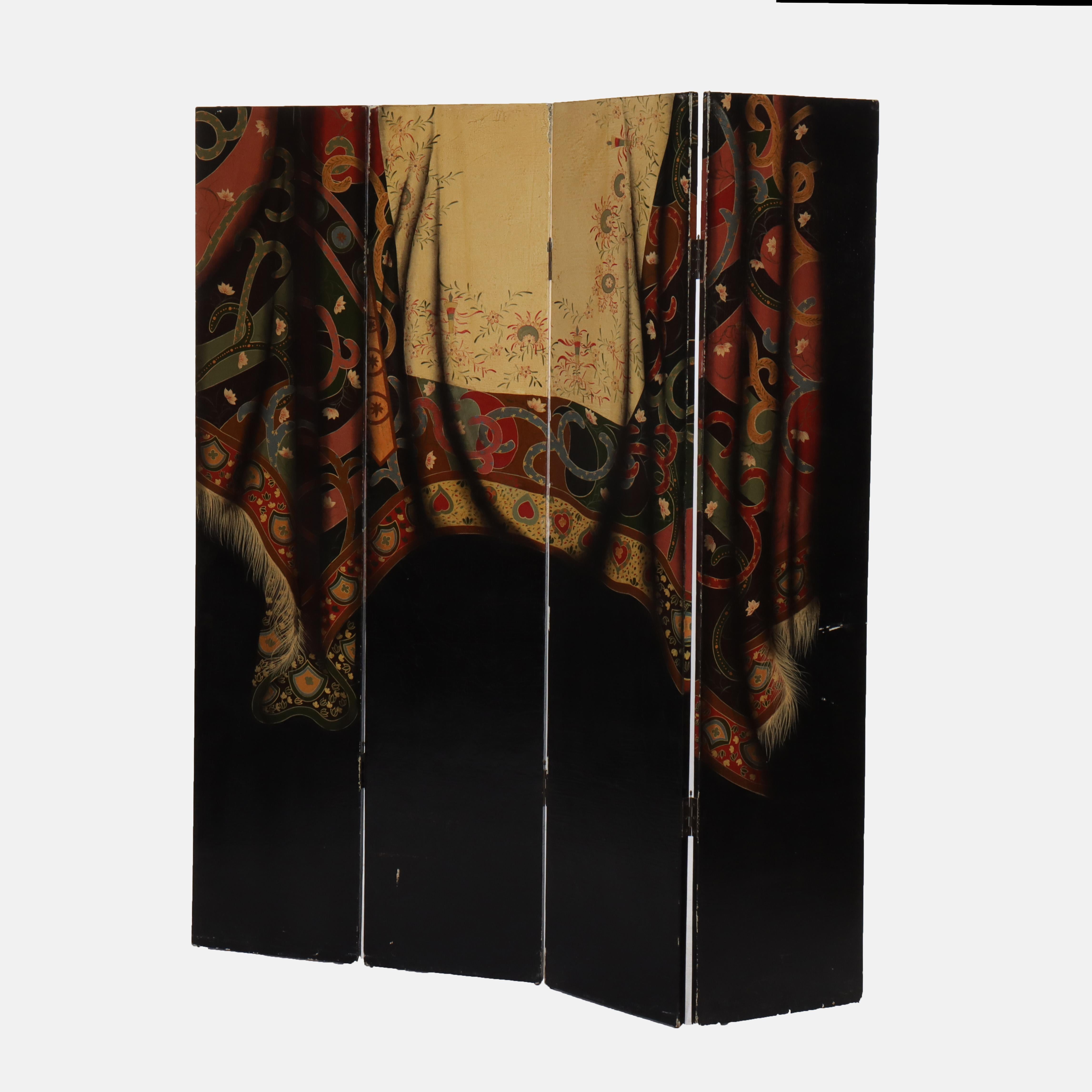 Paravent à quatre panneaux peint à la main sur bois Non signé 20ème siècle
Dimensions - 72 