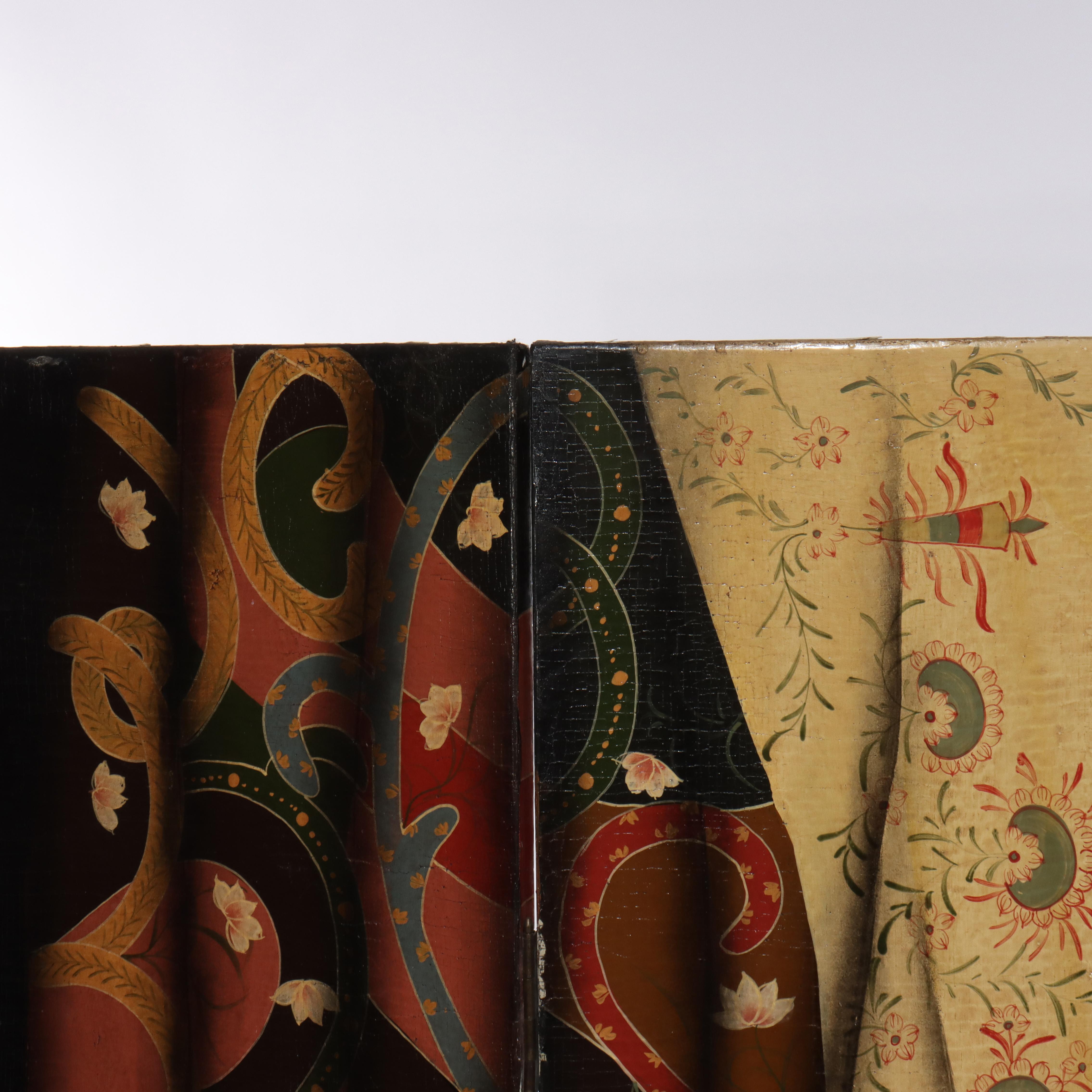 20ième siècle Hand Painted on Wood Four Paneled Dressing Screen with Drape Design 20thC en vente